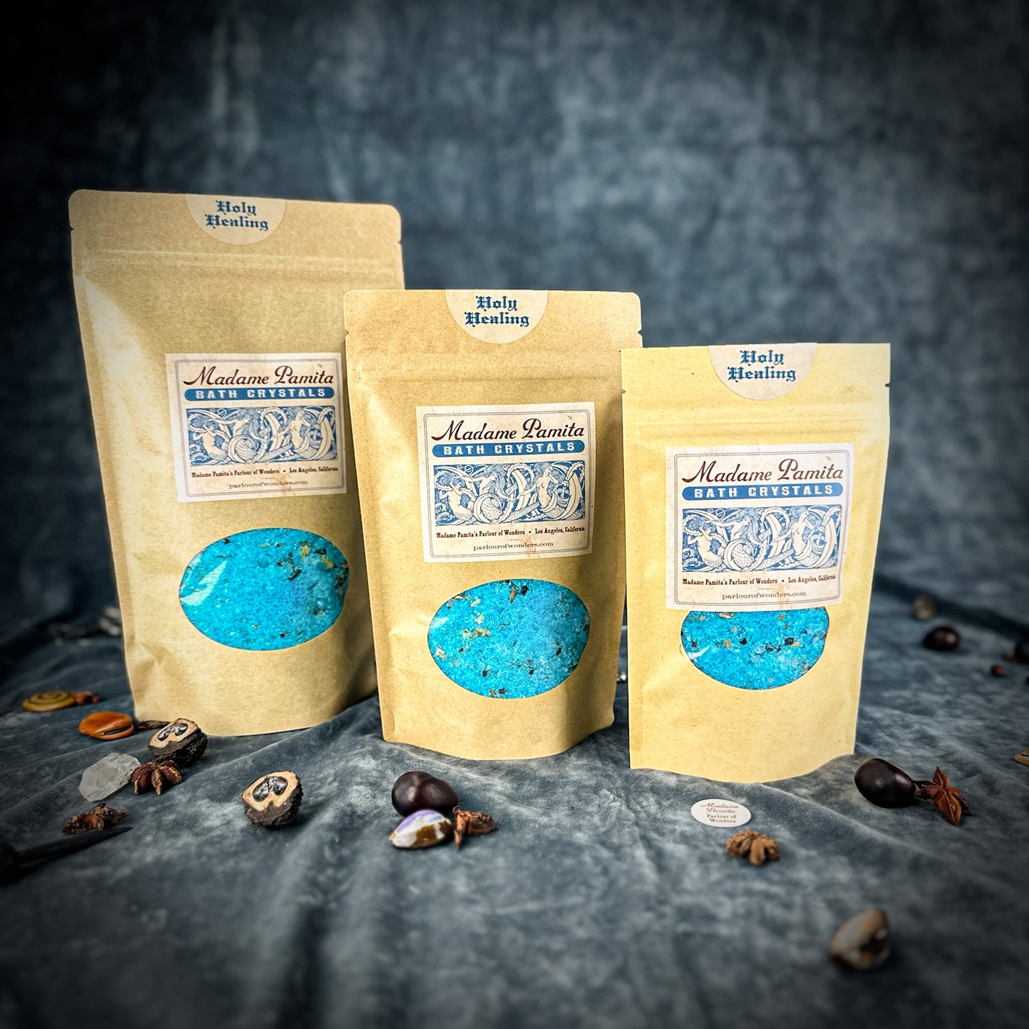 Small jar of Holy Healing Bath Crystals by Parlour of Wonders, featuring colorful bath crystals for relaxation and healing.