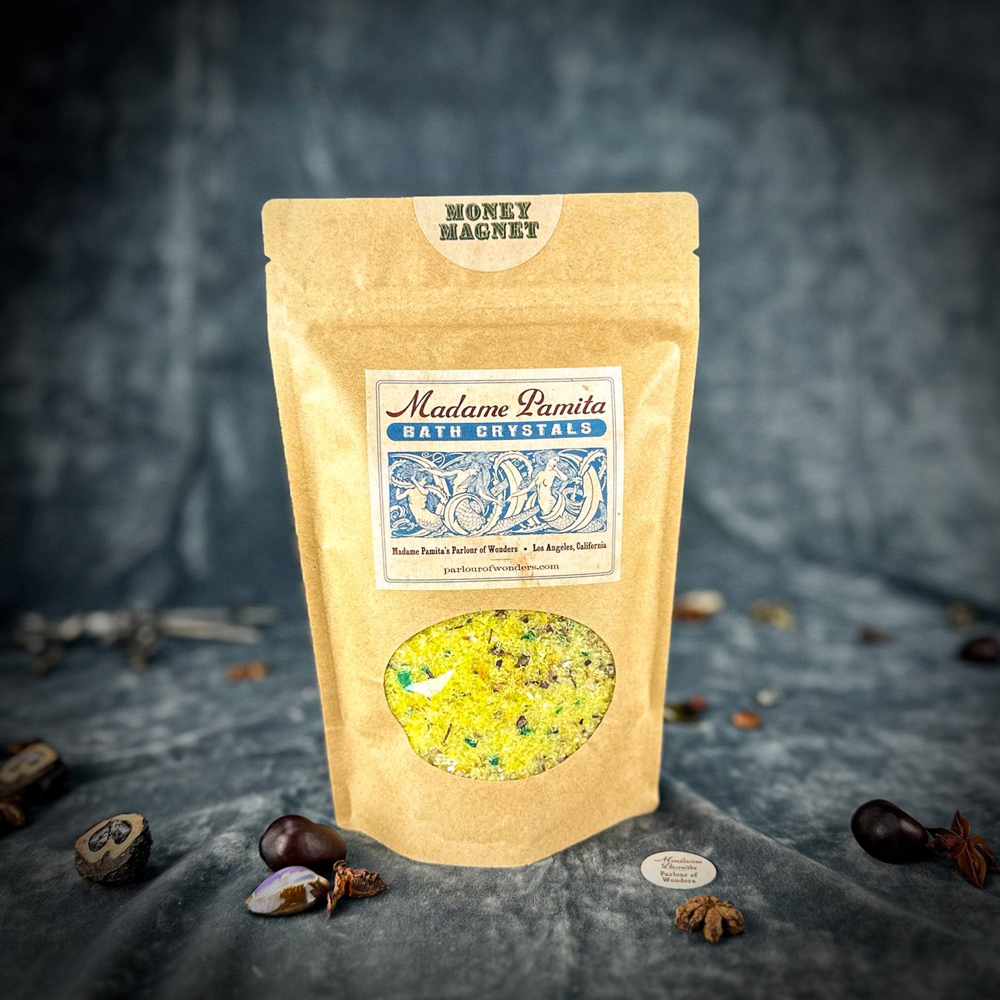 Small jar of Parlour of Wonders Money Magnet Bath Crystals, natural bath crystals for relaxation and positive energy.
