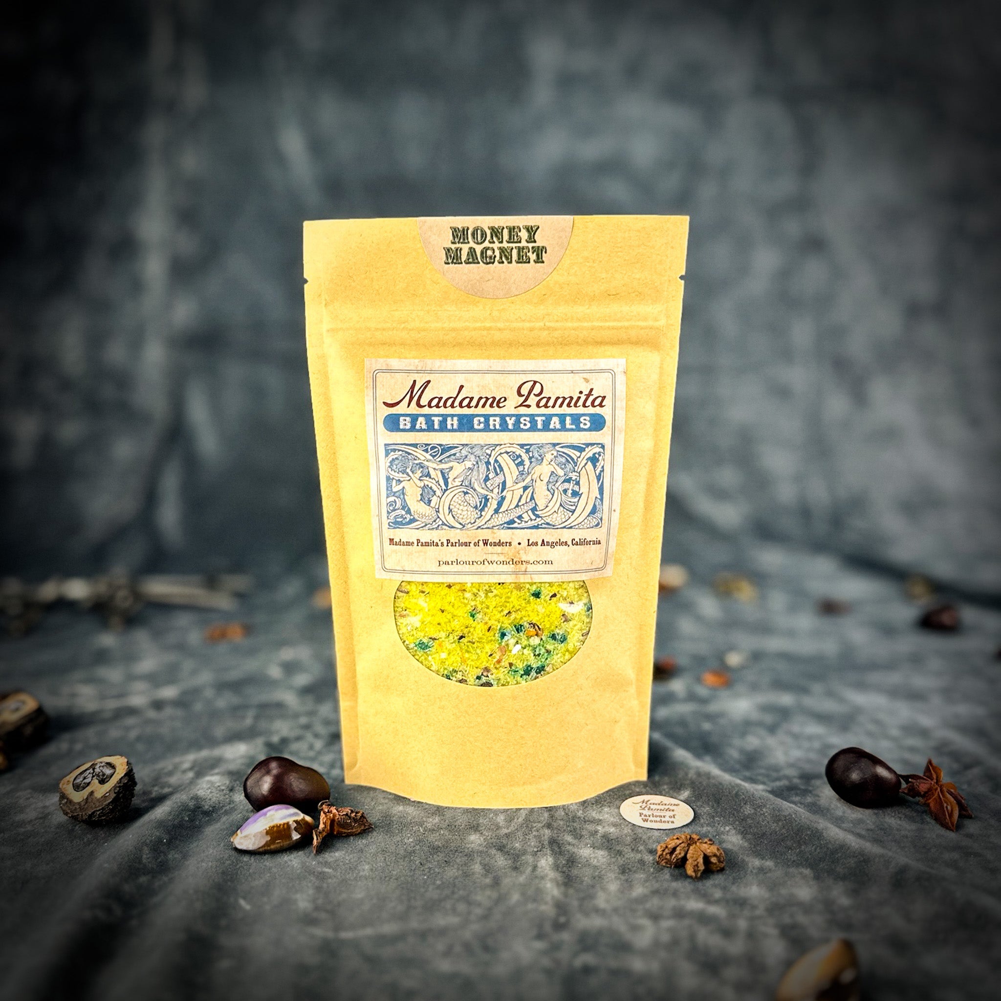 Parlour of Wonders Money Magnet Bath Crystals in a clear jar, showing small crystalline bath salts for a relaxing bath experience.