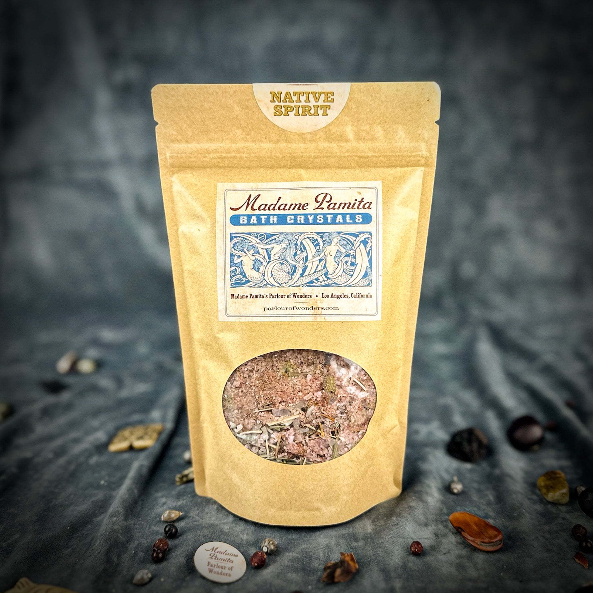 Native Spirit Bath Crystals by Parlour of Wonders, small jar of aromatic bath crystals with natural mineral and botanical ingredients.