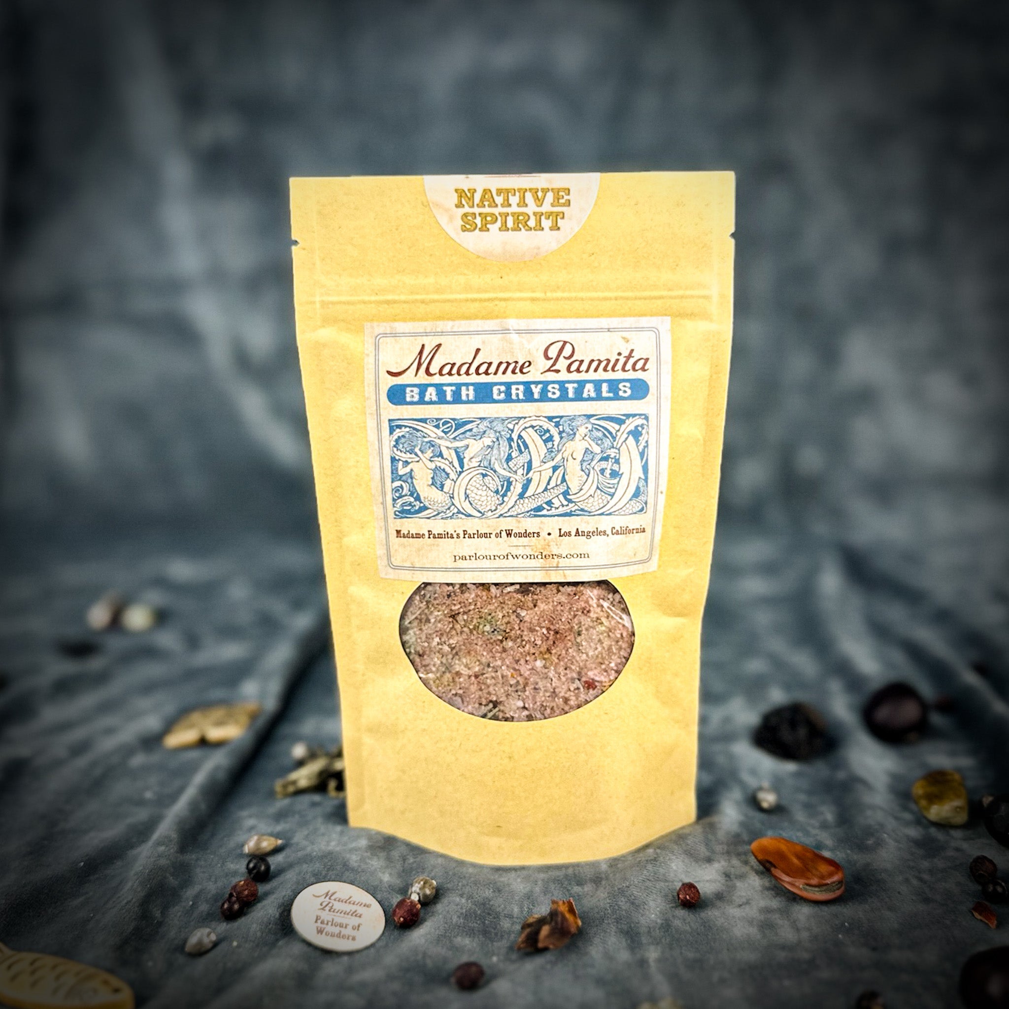 Small jar of Native Spirit Bath Crystals by Parlour of Wonders, featuring colorful bath crystals for a relaxing bath experience.