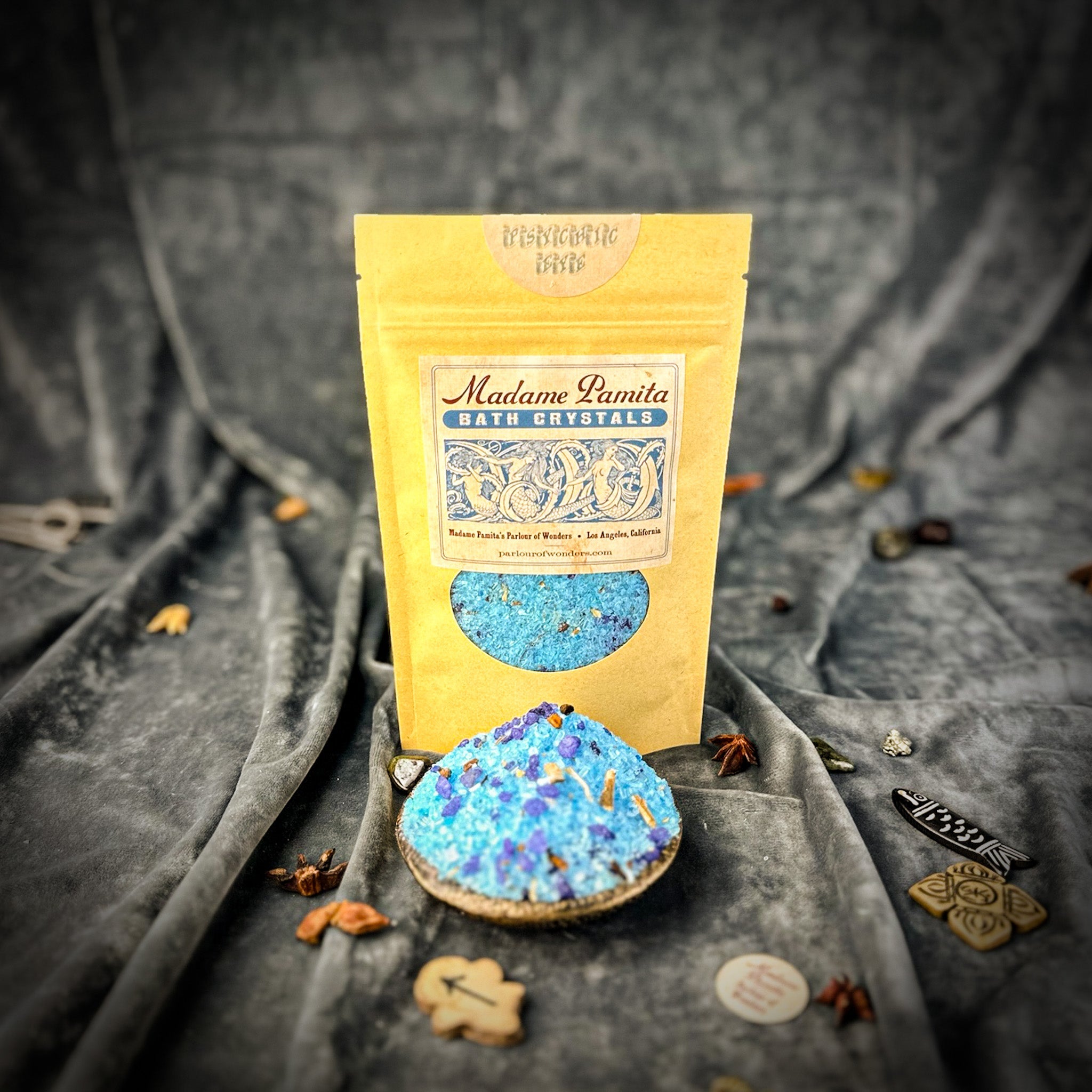 Small jar of Psychic Eye Bath Crystals by Parlour of Wonders, featuring vibrant crystals for relaxing bath experience.
