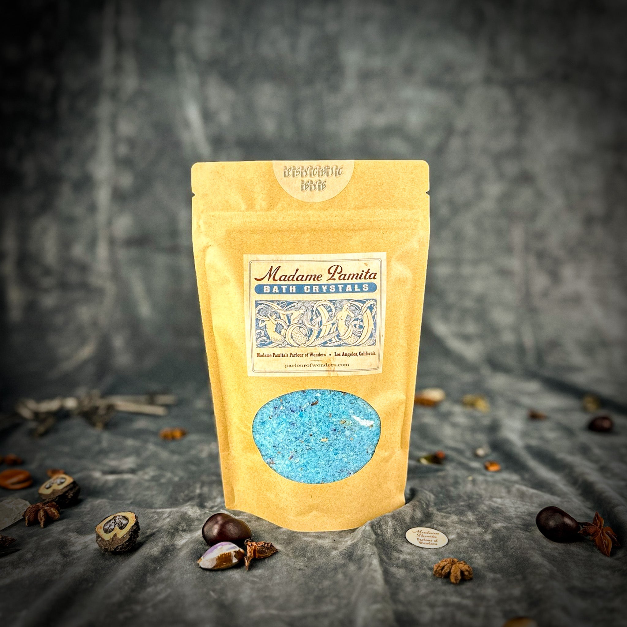 Small jar of Parlour of Wonders Psychic Eye Bath Crystals, natural bath crystals with mystical psychic eye design for relaxation.