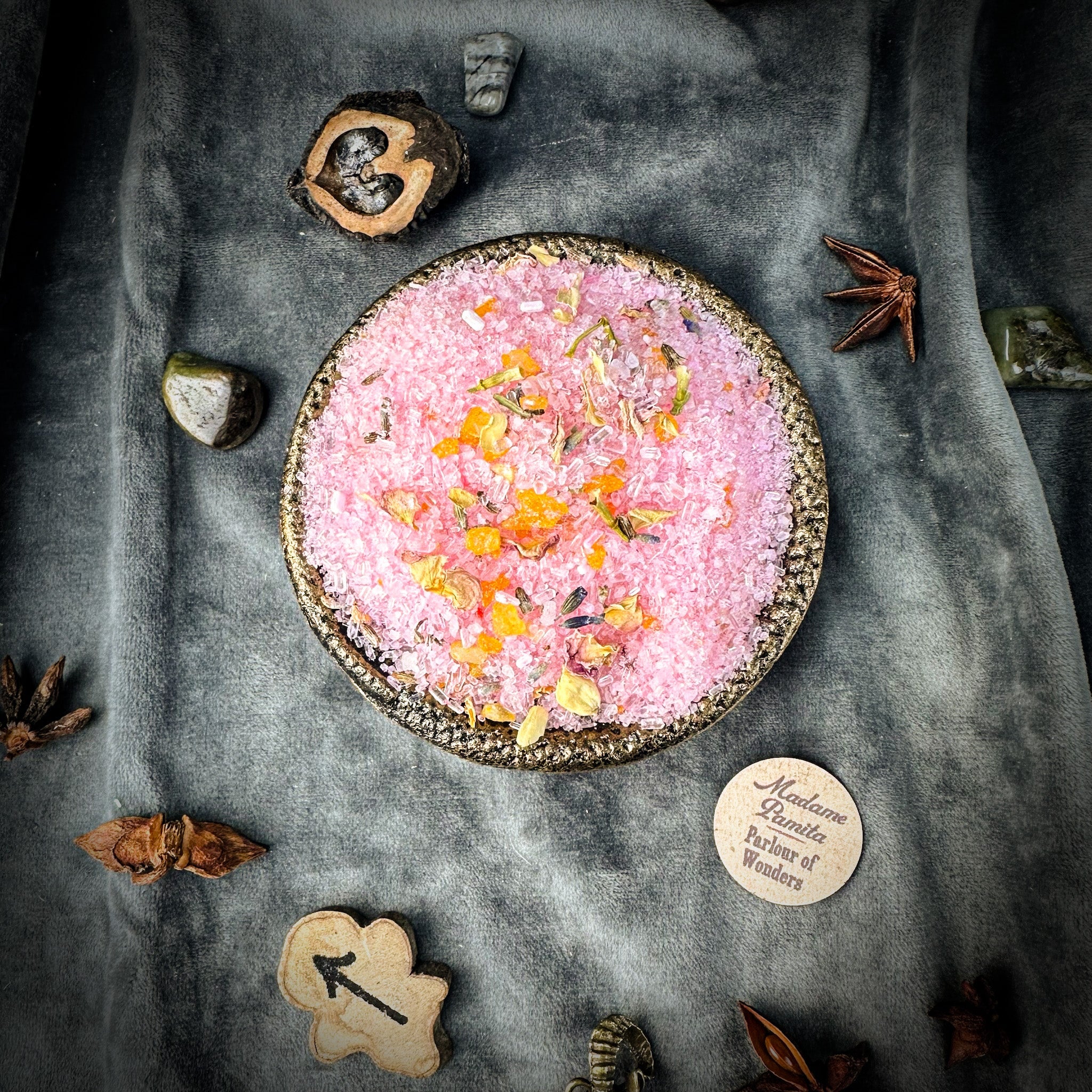Small jar of Parlour of Wonders Self Love Bath Crystals with colorful crystals and calming packaging for a relaxing bath experience.