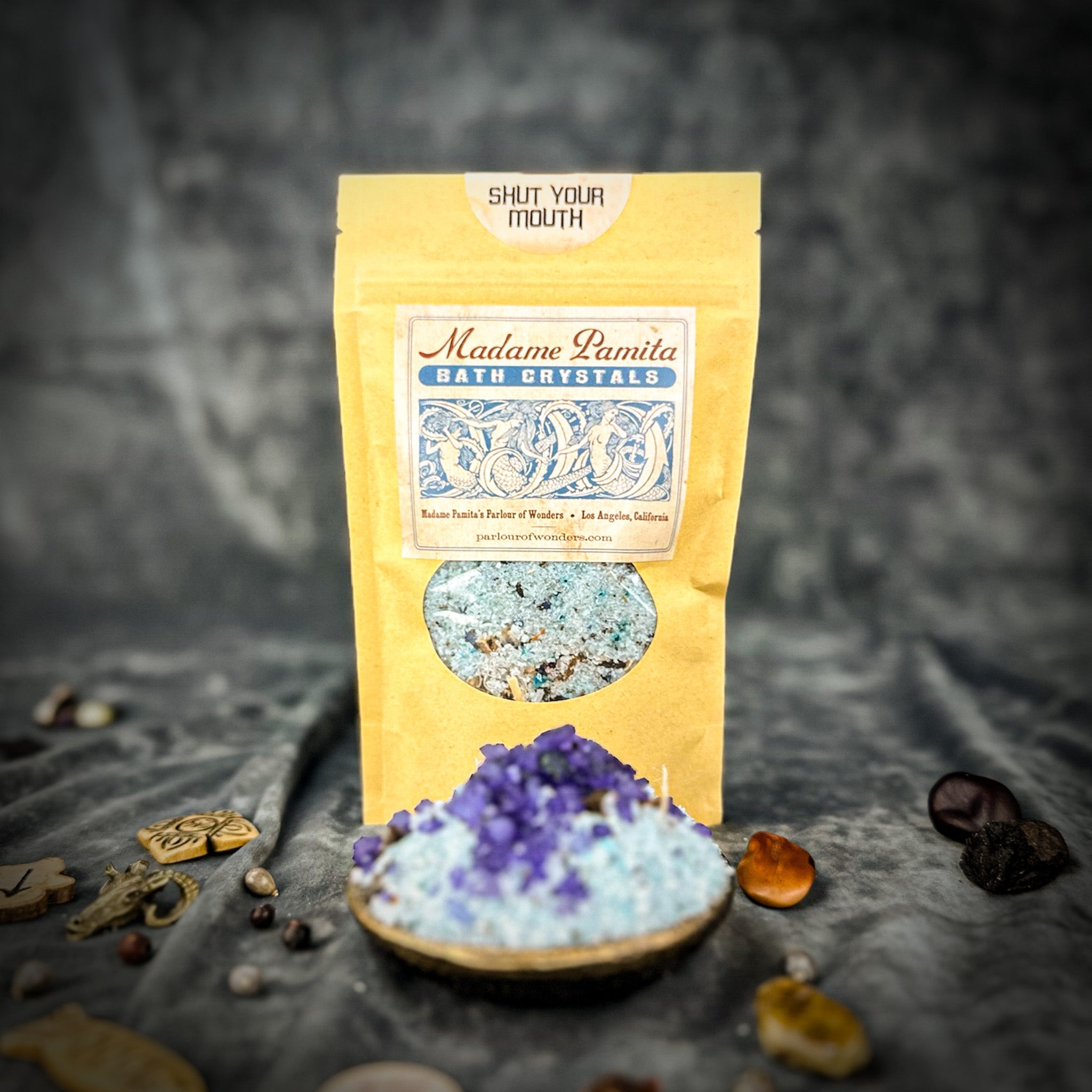Parlour of Wonders Shut Your Mouth Bath Crystals in a jar, lavender and herbal bath crystals for relaxing baths, close-up view.