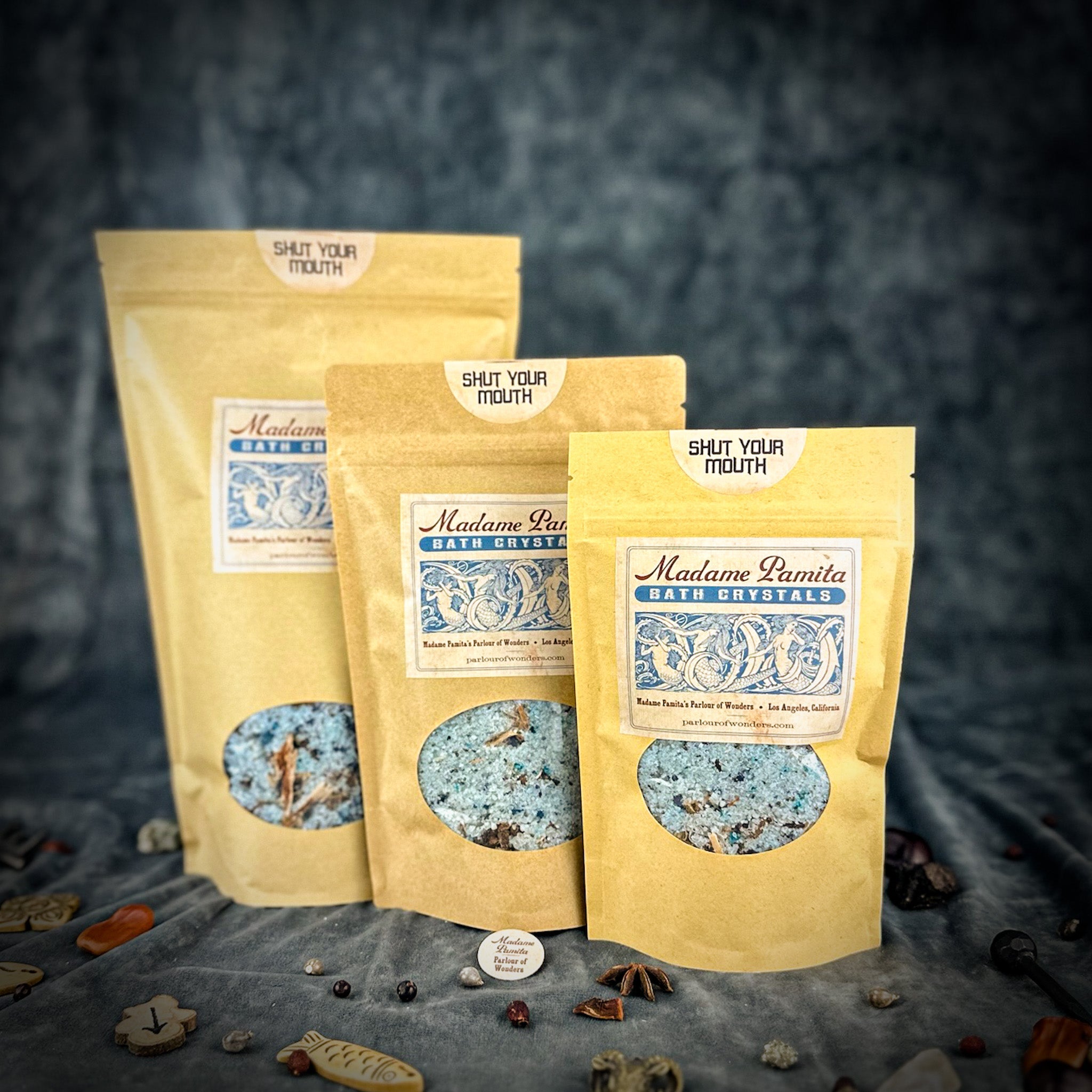Parlour of Wonders Shut Your Mouth Bath Crystals in a jar, featuring pink and white bath crystals for relaxing bath time.