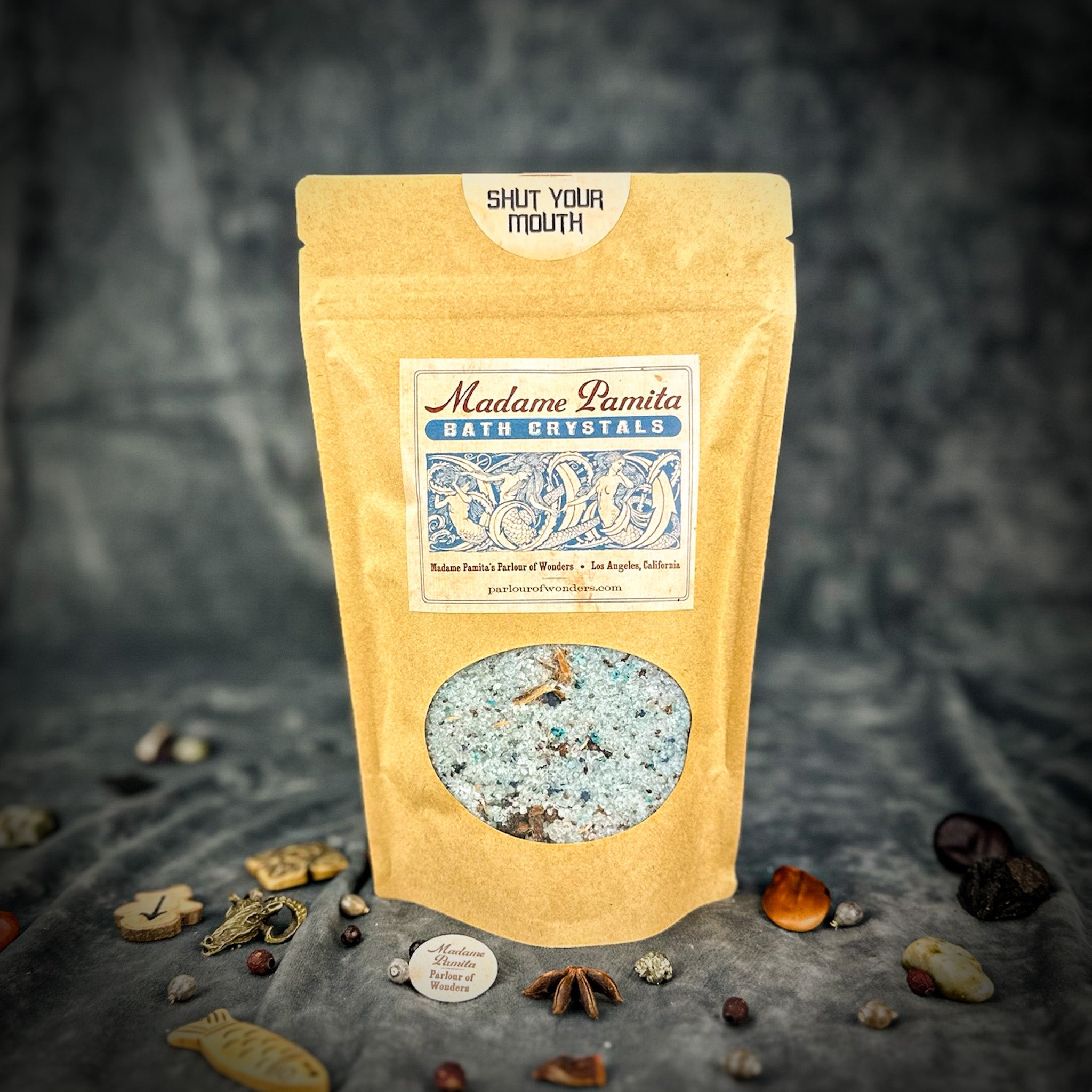 Parlour of Wonders Shut Your Mouth Bath Crystals in a small jar, featuring lavender and herbal bath crystals for relaxation.