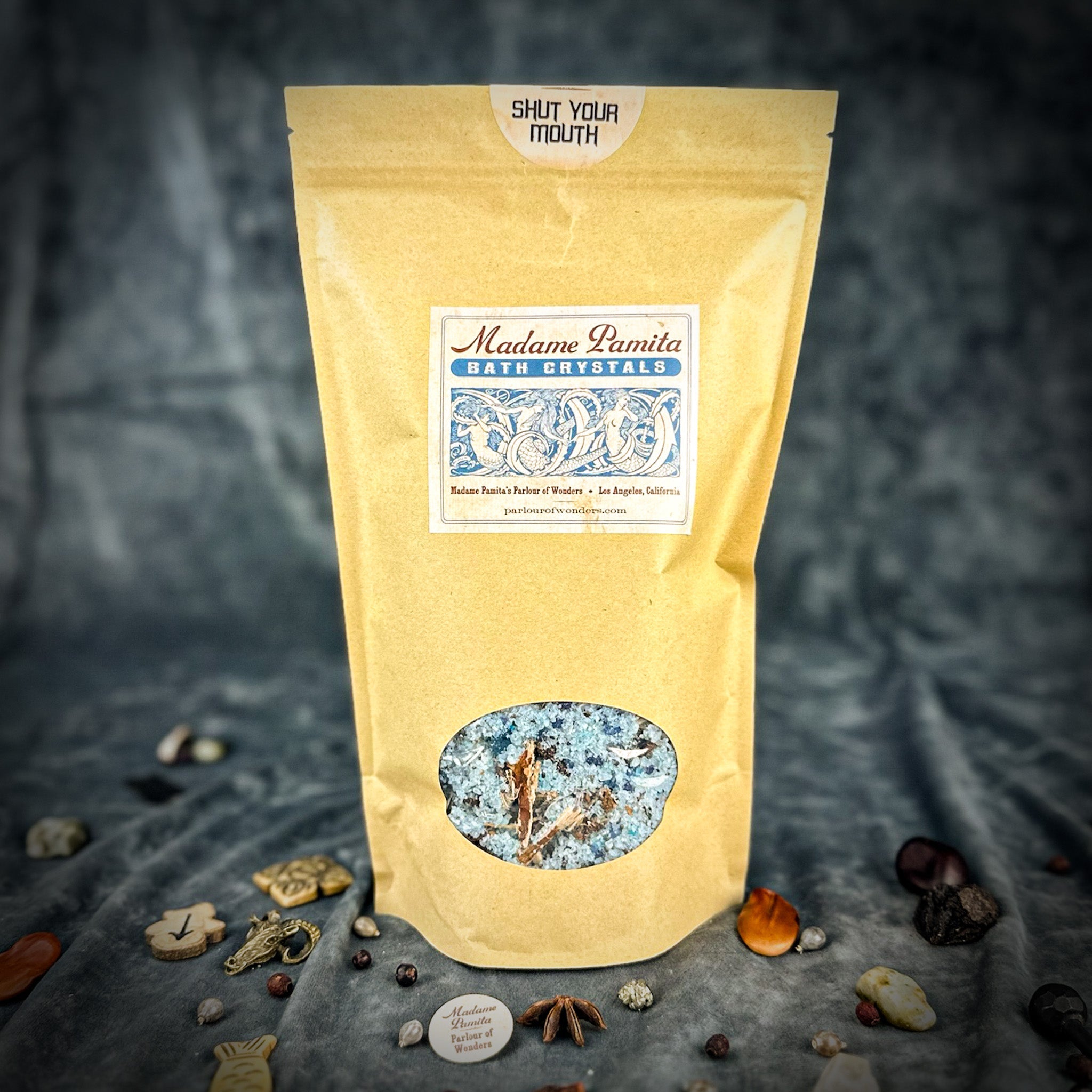 Parlour of Wonders Shut Your Mouth Bath Crystals in a jar with pink and white crystals for soothing bath relaxation.