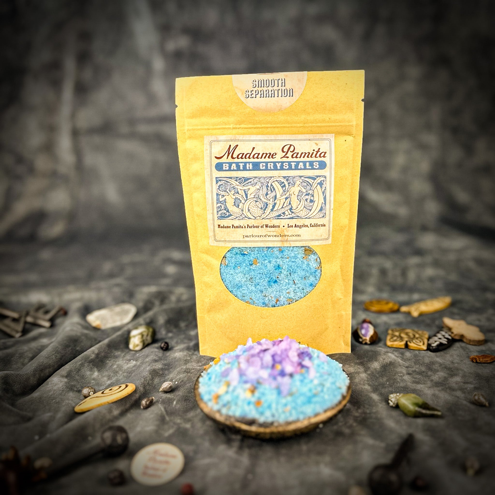 Parlour of Wonders Smooth Separation Bath Crystals in a jar, showcasing their elegant packaging and crystalline texture for relaxing bath time.