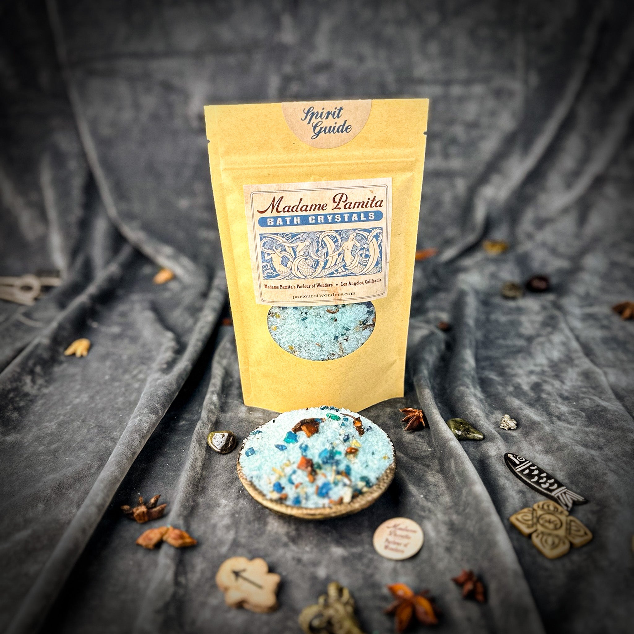 Parlour of Wonders Spirit Guide Bath Crystals in a small jar, showcasing vibrant crystals for a calming bath experience