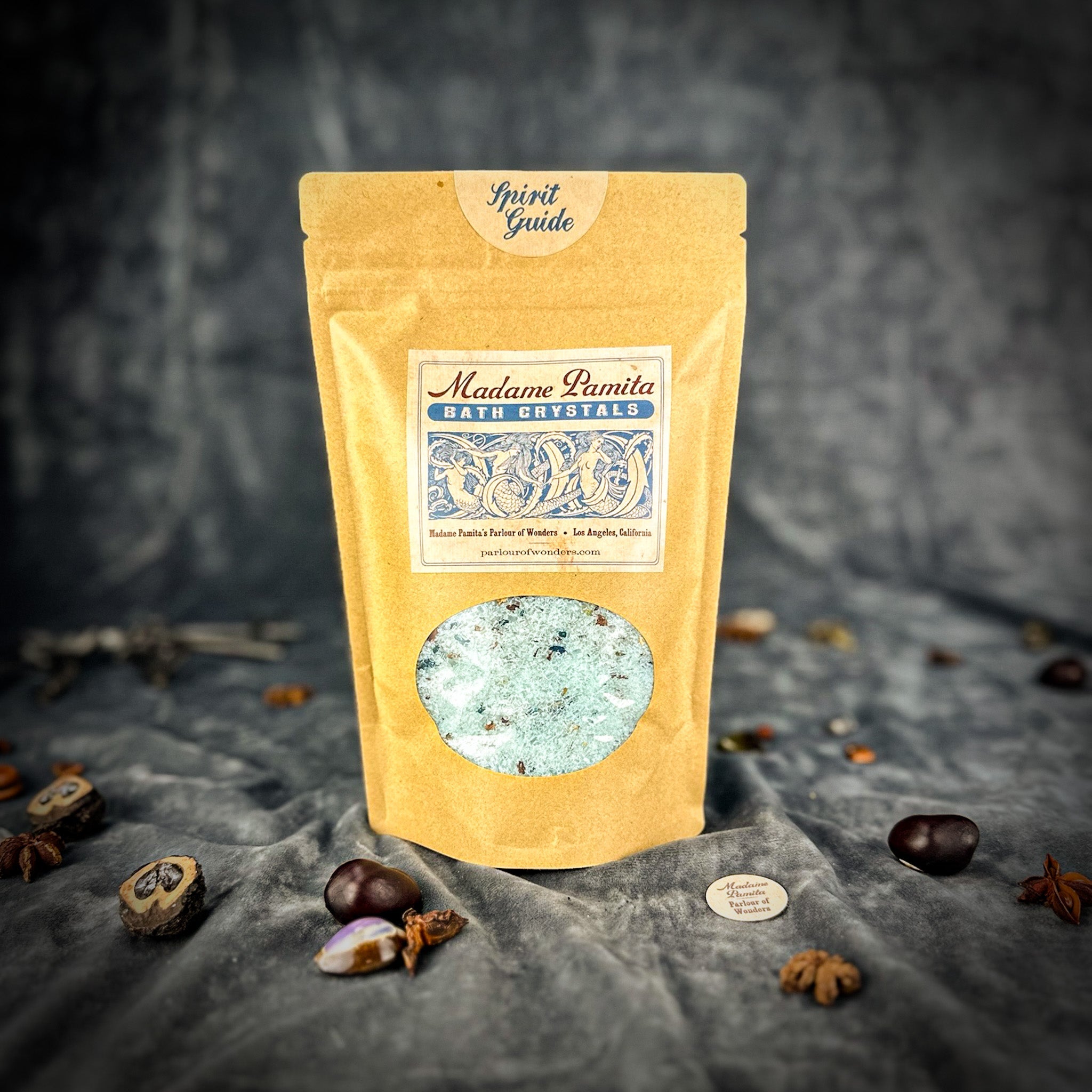 Parlour of Wonders Spirit Guide Bath Crystals in a small jar, featuring vibrant crystals for relaxing bath experience.