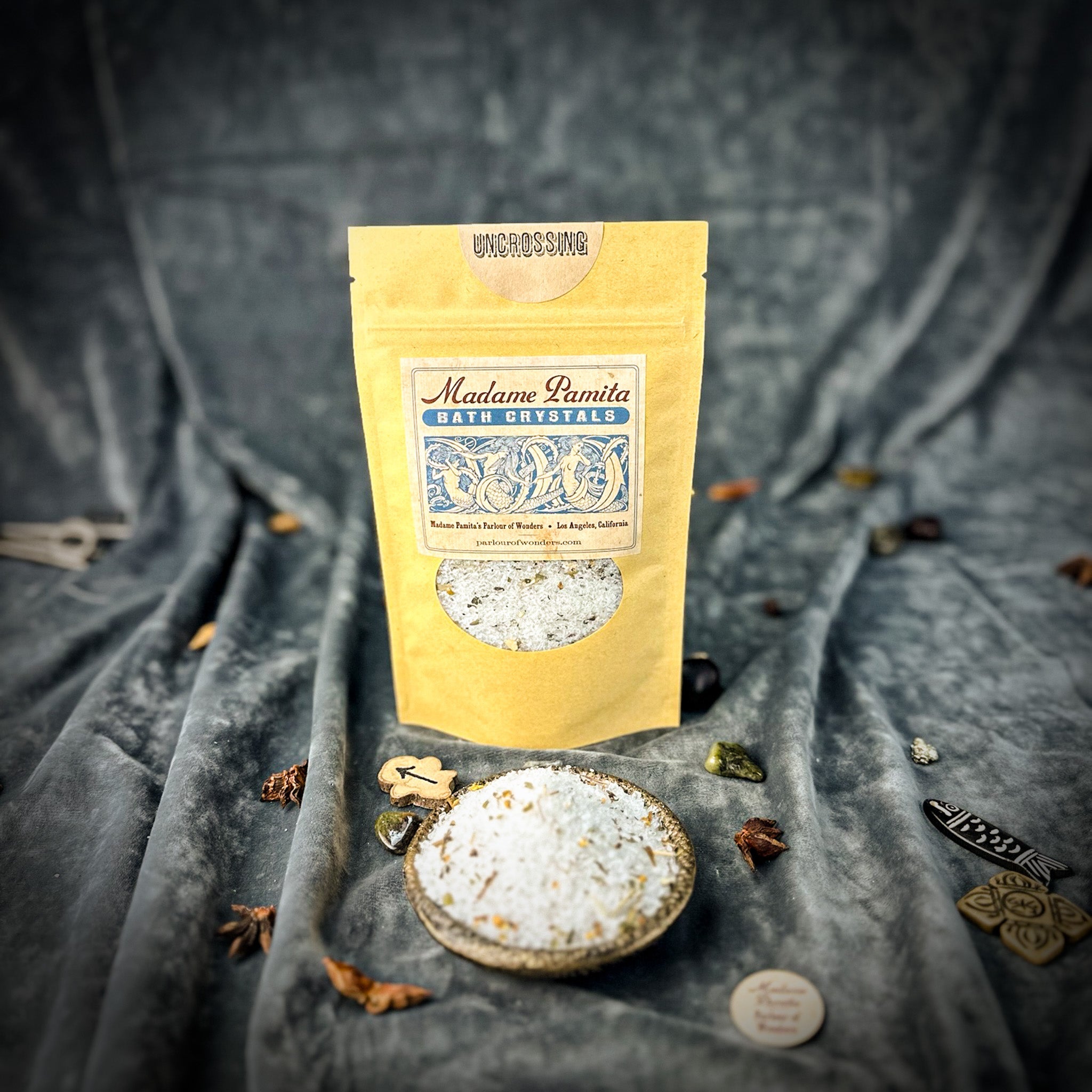 Parlour of Wonders uncrossing bath crystals in a small jar, designed for relaxing bath experiences with healing properties.