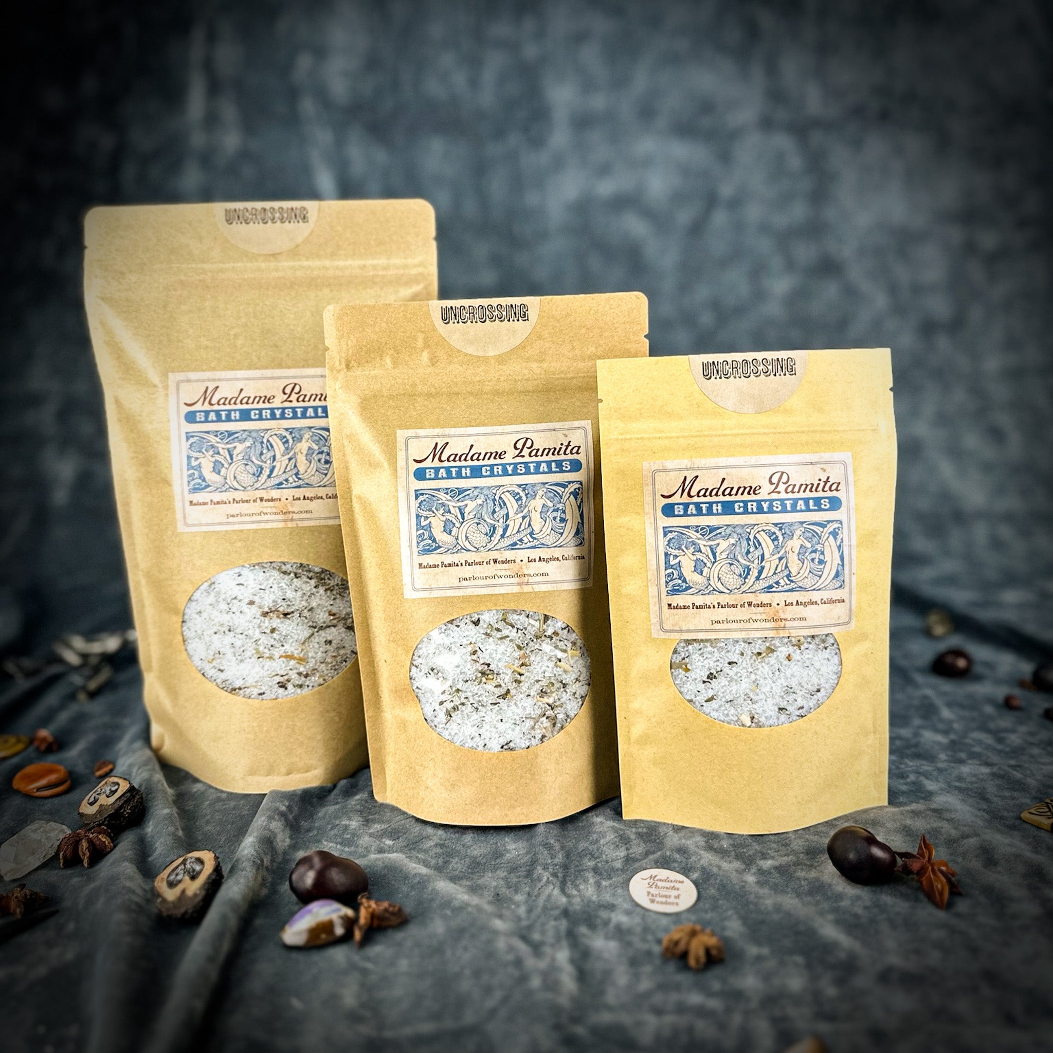 Parlour of Wonders uncrossing bath crystals in a small jar, showing white crystalline bath salts for relaxation and healing.