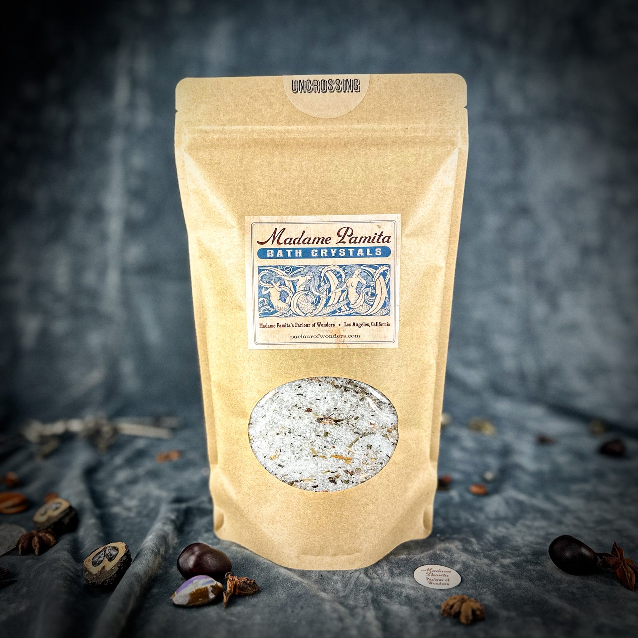 Parlour of Wonders uncrossing bath crystals in a small jar, designed for relaxing bath time and spiritual cleansing.