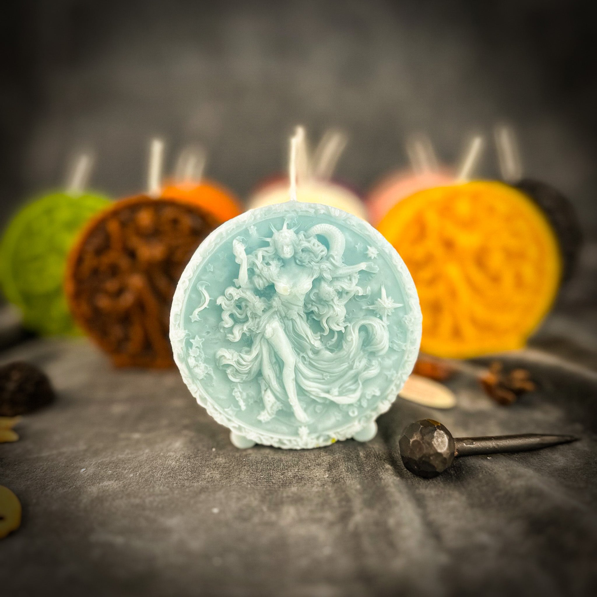 Blue beeswax Aquarius Water Bearer zodiac spell candle by Parlour of Wonders, featuring symbolic design for innovation, vision, and independence.