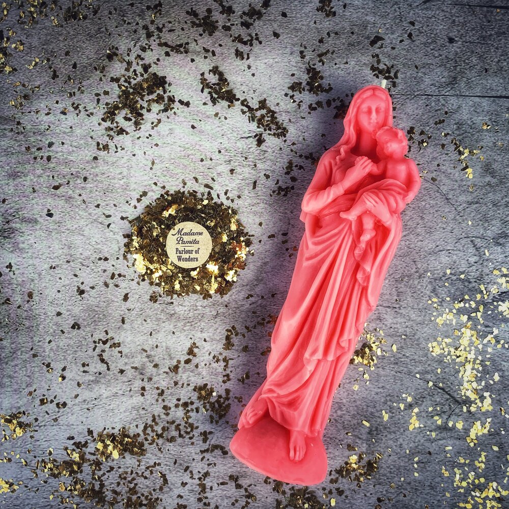 Beeswax Mother Mary spell candle by Parlour of Wonders featuring a blue beeswax design for divine protection and love magic.