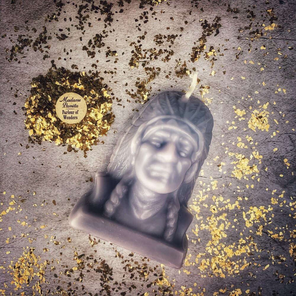 Beeswax Black Hawk Spell Candle by Parlour of Wonders, featuring a brown beeswax candle for spirit guide and social justice magic.