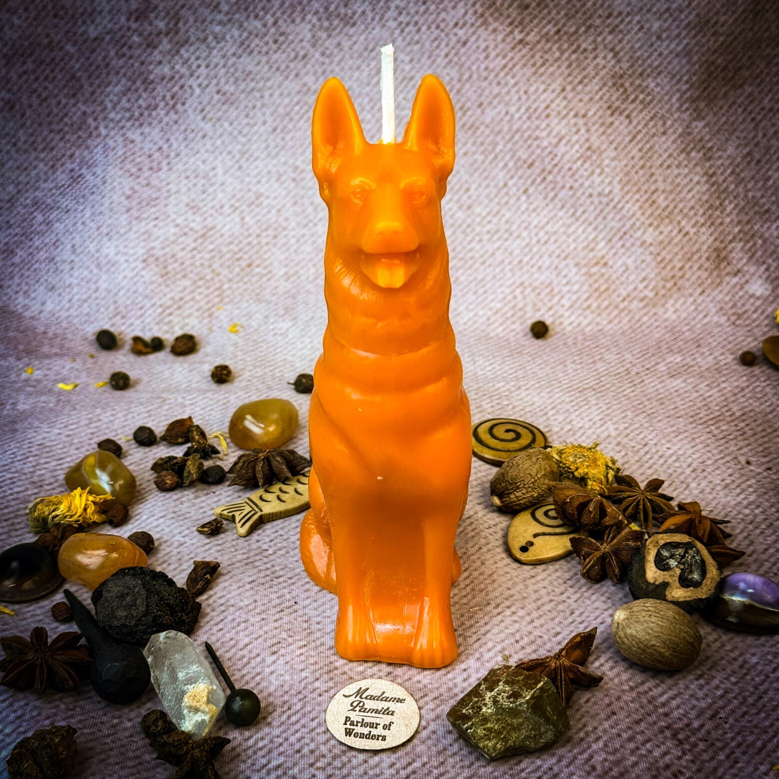 Beeswax Faithful Dog Spell Candle by Parlour of Wonders, brown beeswax candle symbolizing loyalty, fidelity, and unconditional love.