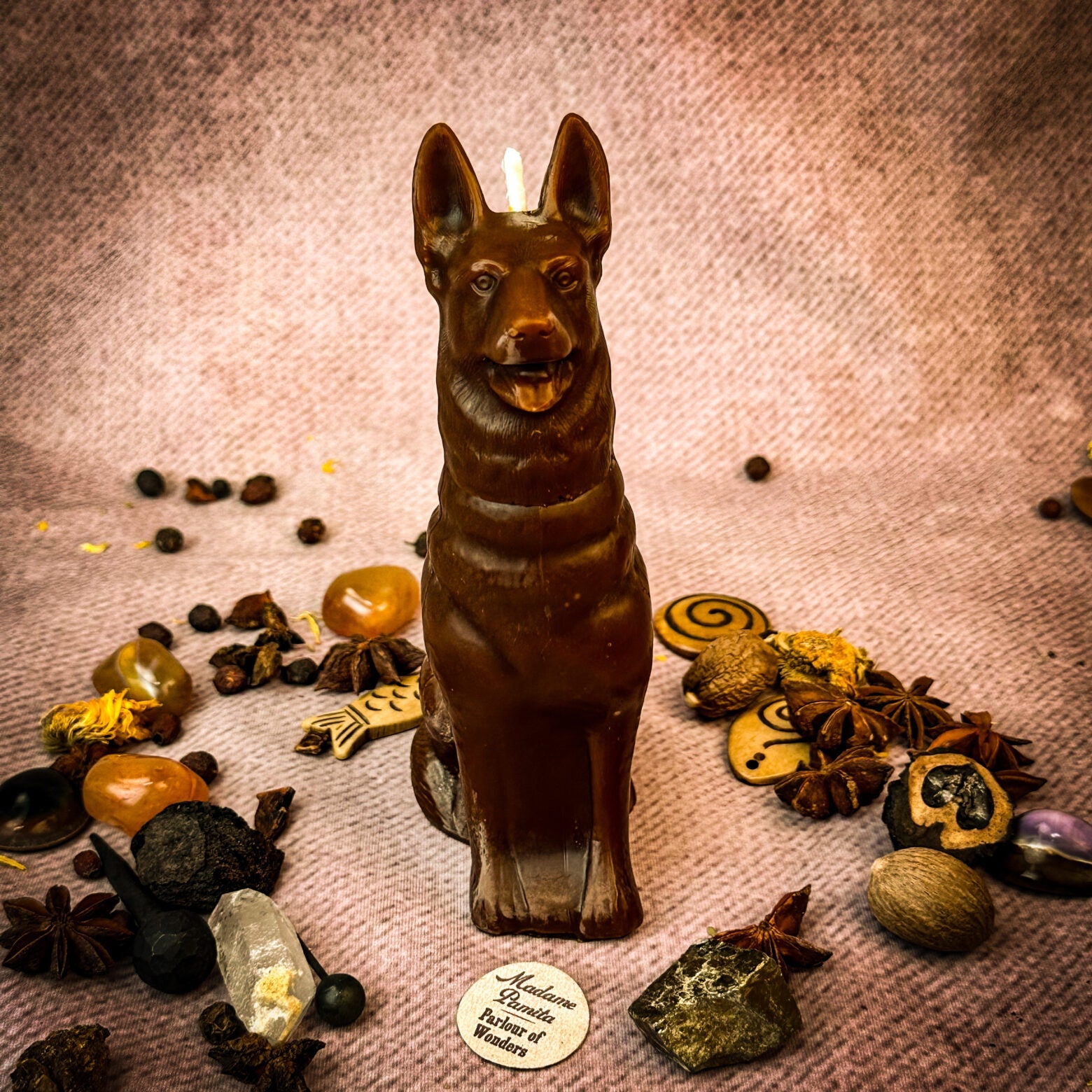 Beeswax Faithful Dog Spell Candle by Parlour of Wonders, symbolizing loyalty, fidelity, and unconditional love. Brown beeswax candle.