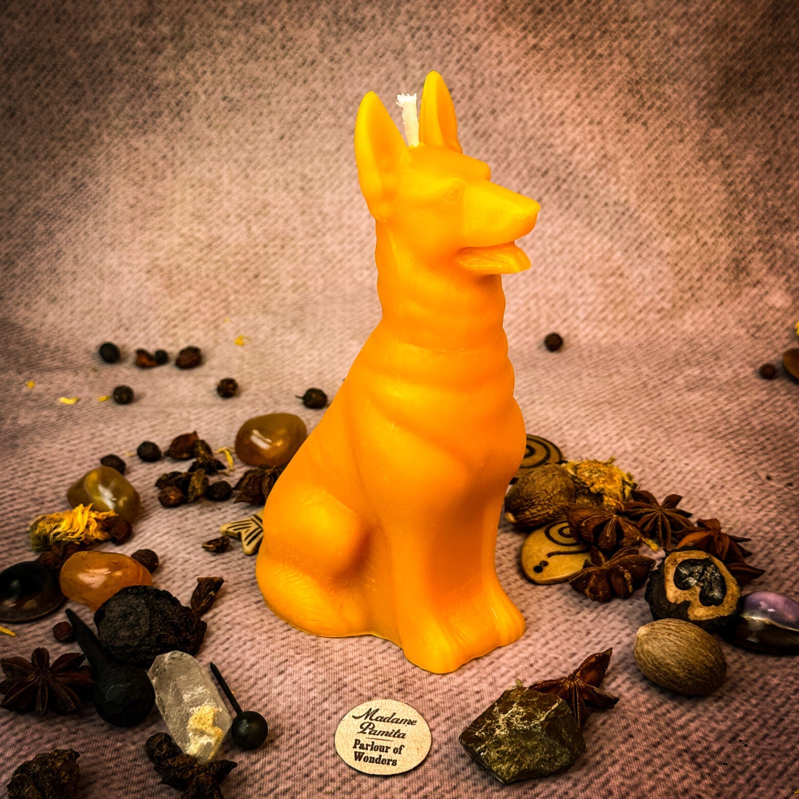 Beeswax Faithful Dog Spell Candle by Parlour of Wonders, brown beeswax candle symbolizing loyalty, fidelity, and unconditional love.