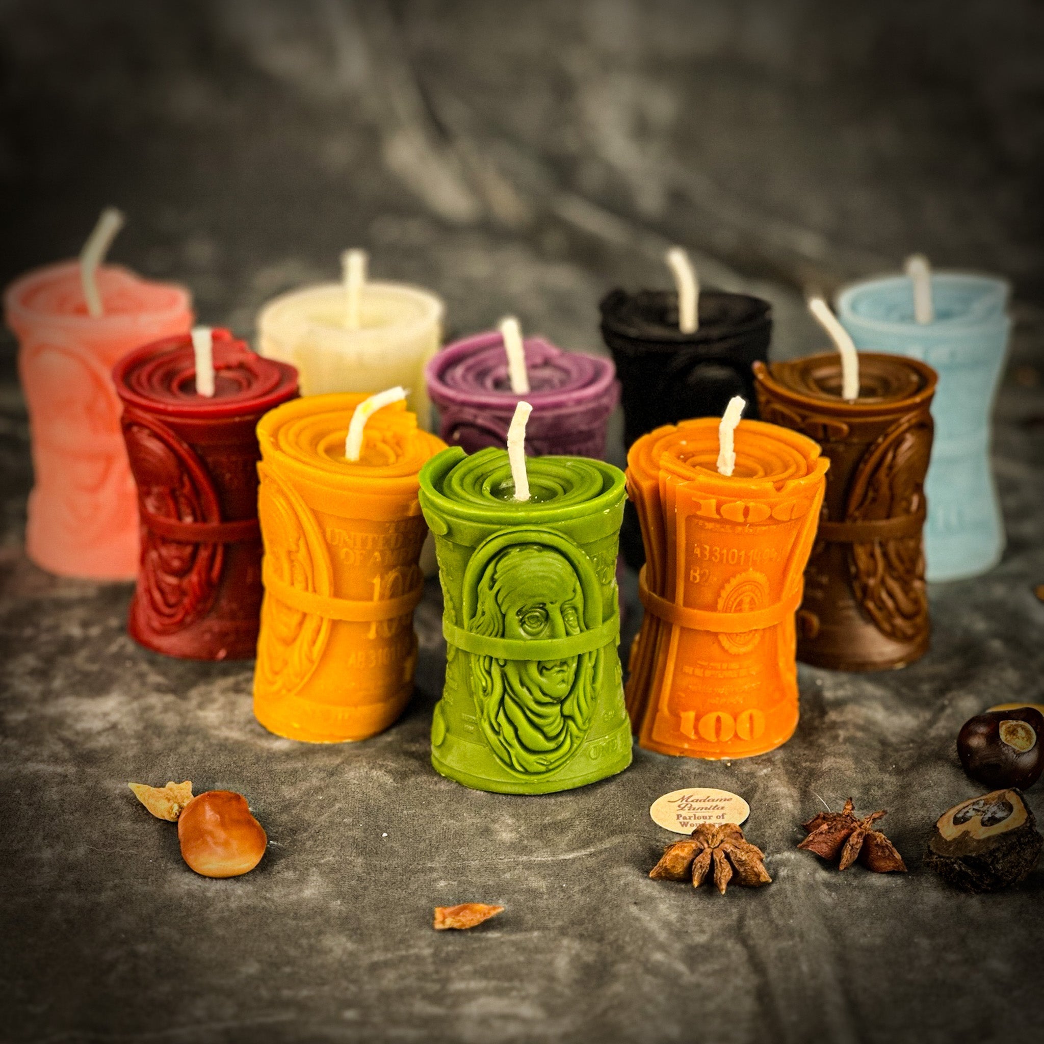 Green beeswax candle by Parlour of Wonders for debt collection and fair compensation, featuring a natural beeswax design.