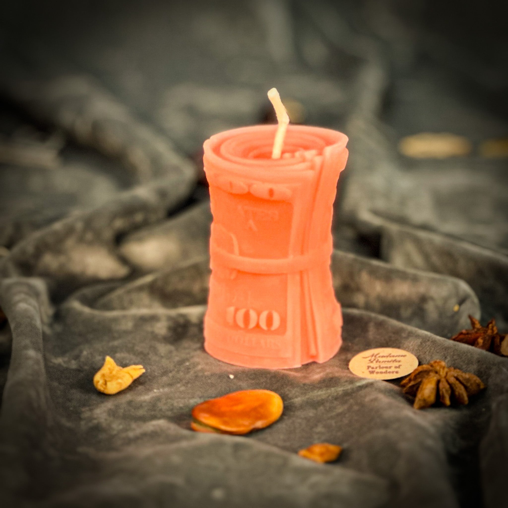 Green beeswax candle by Parlour of Wonders for debt collection and fair compensation, featuring a beeswax Pay Me Spell Candle.
