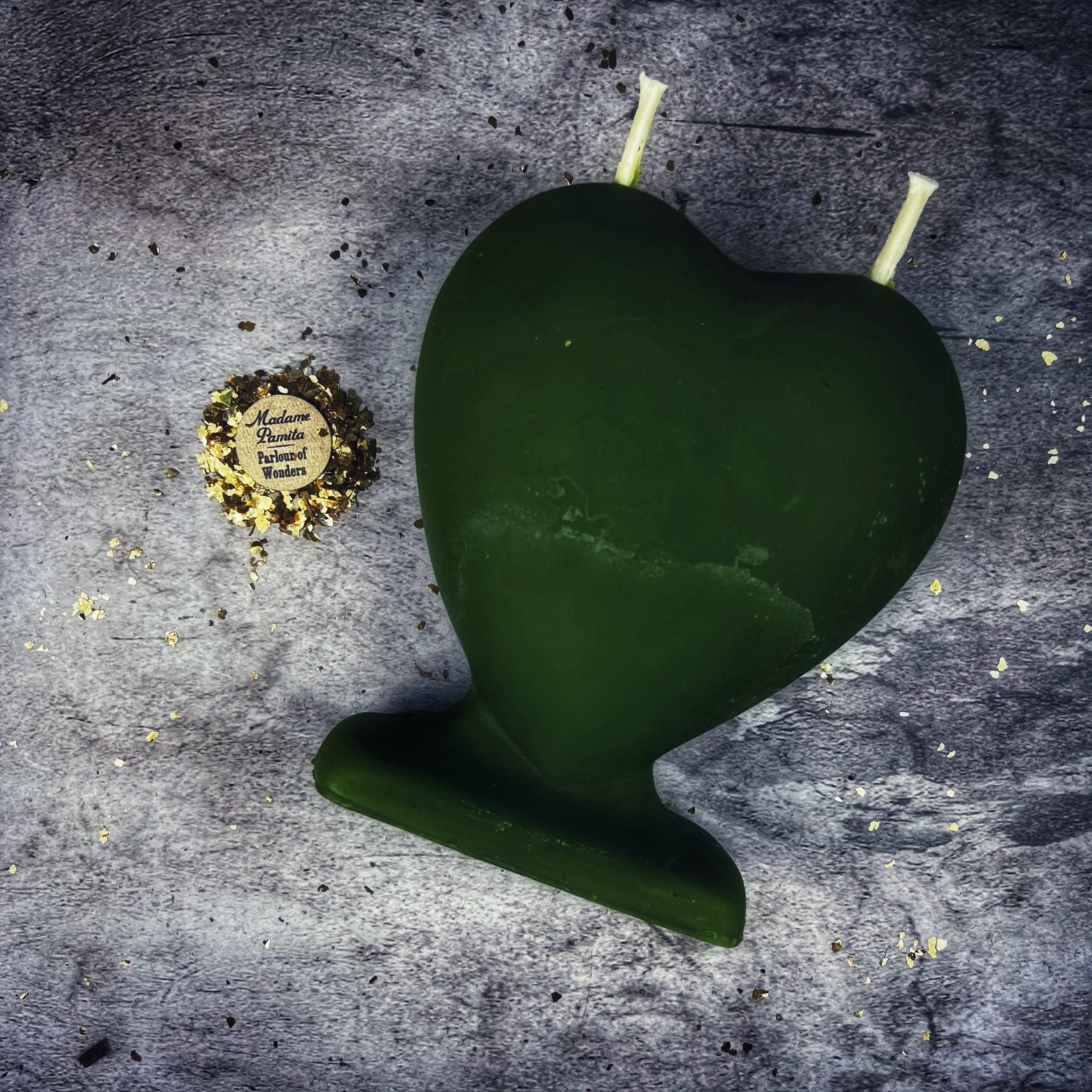Green beeswax twin flame love spell candle by Parlour of Wonders, designed for soul mate and true love magic.