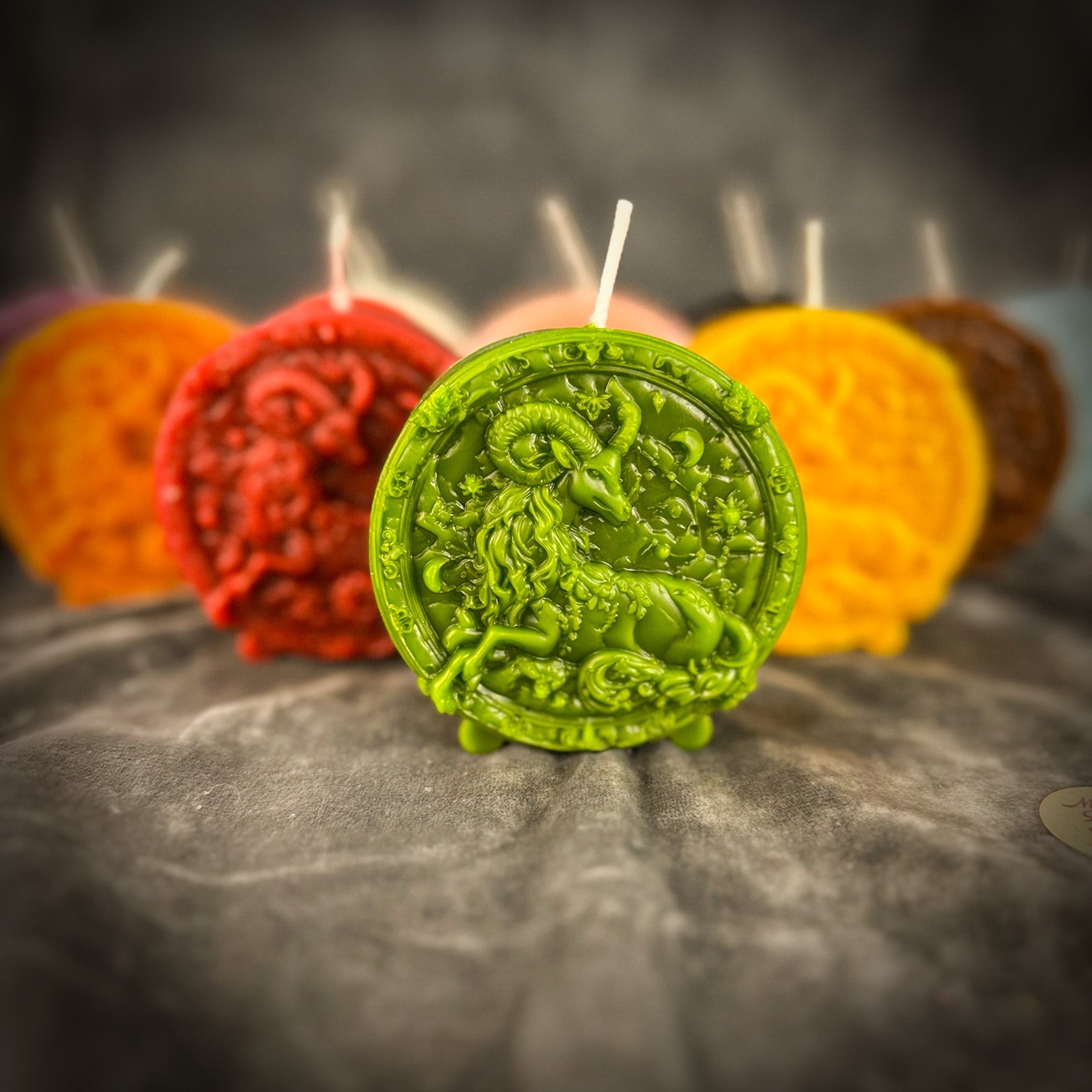 Green beeswax Capricorn goat zodiac spell candle by Parlour of Wonders, symbolizing ambition, discipline, and success.