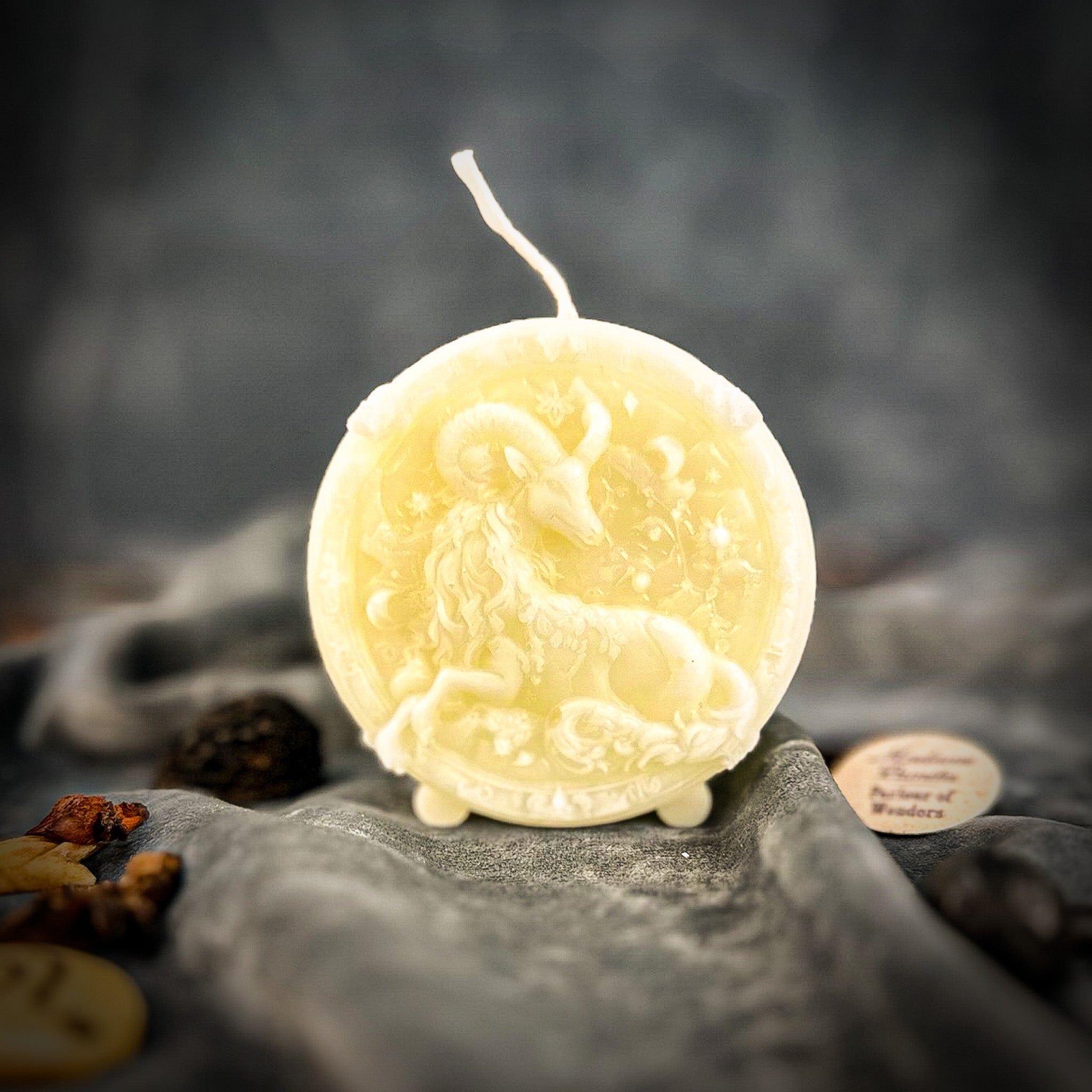Green beeswax Capricorn goat zodiac spell candle by Parlour of Wonders, symbolizing ambition, discipline, and success.