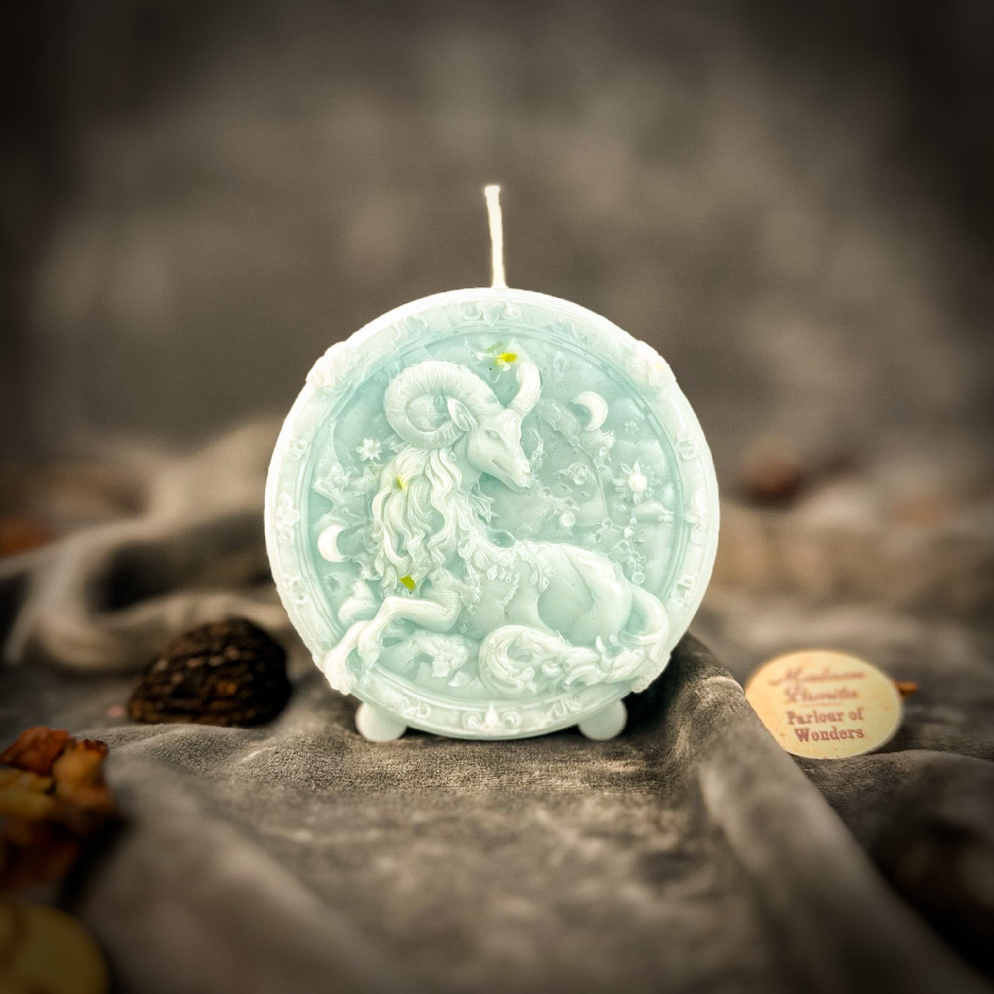 Green beeswax Capricorn goat zodiac spell candle by Parlour of Wonders, symbolizing ambition, discipline, and success.