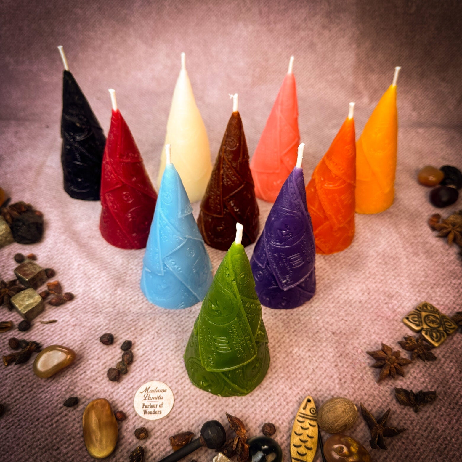 Green beeswax candle from Parlour of Wonders for prosperity and abundance magic, designed as a money maker spell candle.