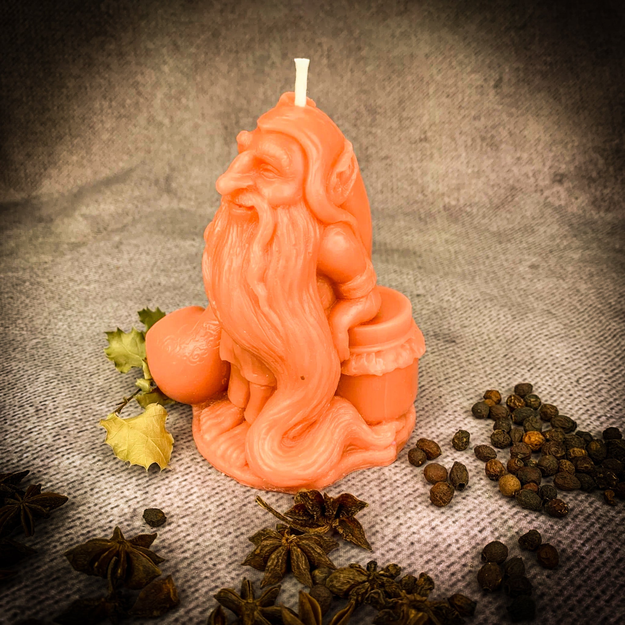 Orange beeswax Domovyk house gnome spell candle by Parlour of Wonders, designed for home blessing and protection.