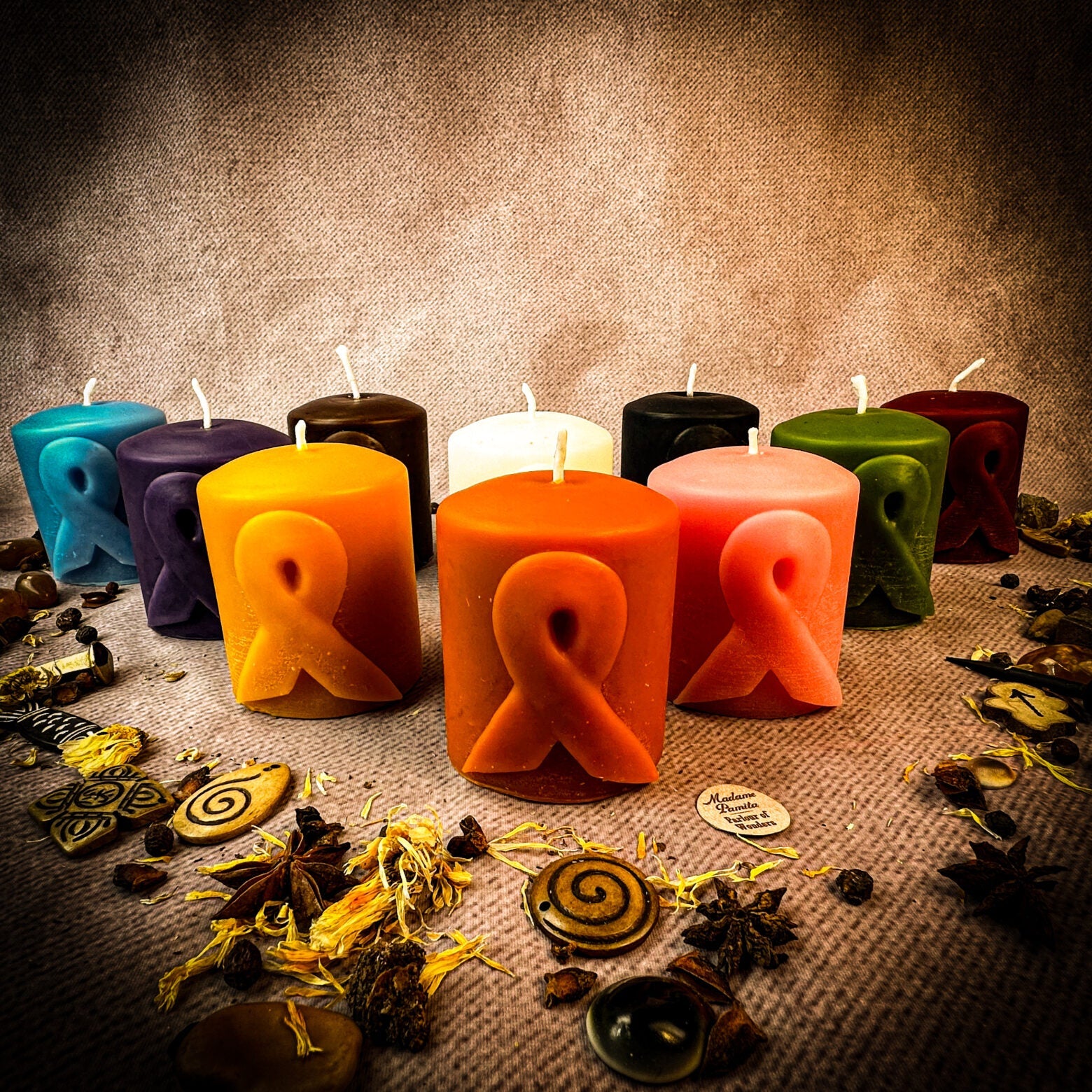 Beeswax awareness ribbon pillar spell candle by Parlour of Wonders, honoring heroes and supporting causes with natural beeswax appearance.