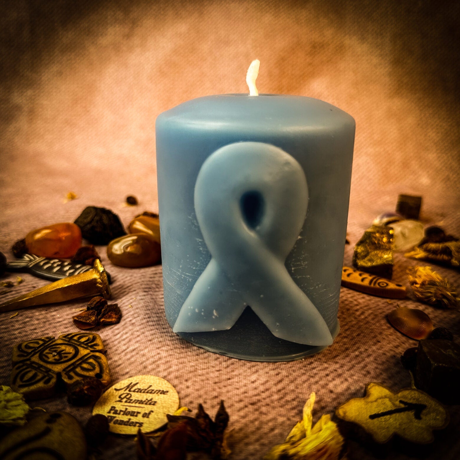 Beeswax Awareness Ribbon Pillar Candle by Parlour of Wonders honoring heroes and supporting causes with natural beeswax texture.