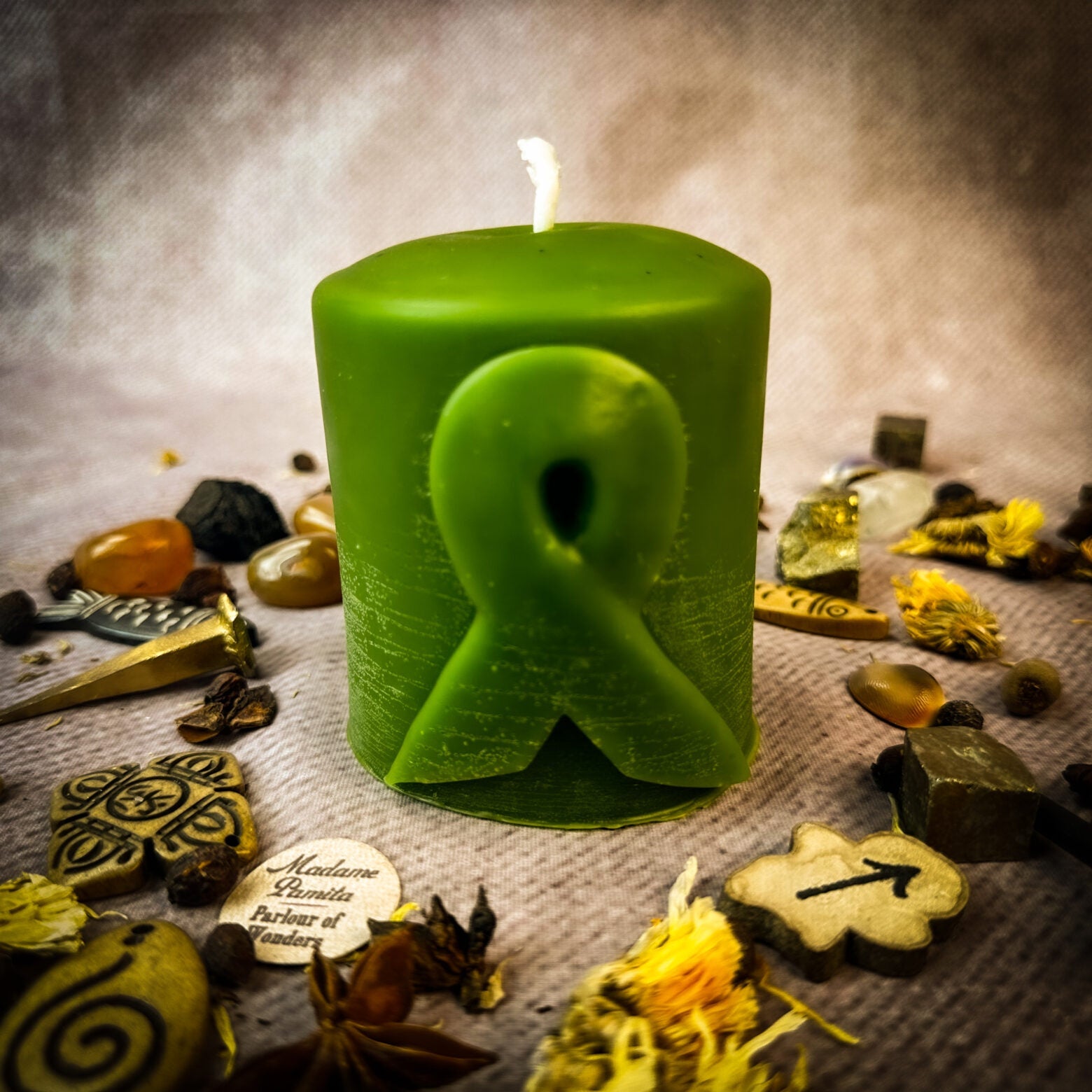 Beeswax Awareness Ribbon Pillar Candle by Parlour of Wonders, honoring heroes and supporting causes with a natural beeswax appearance.