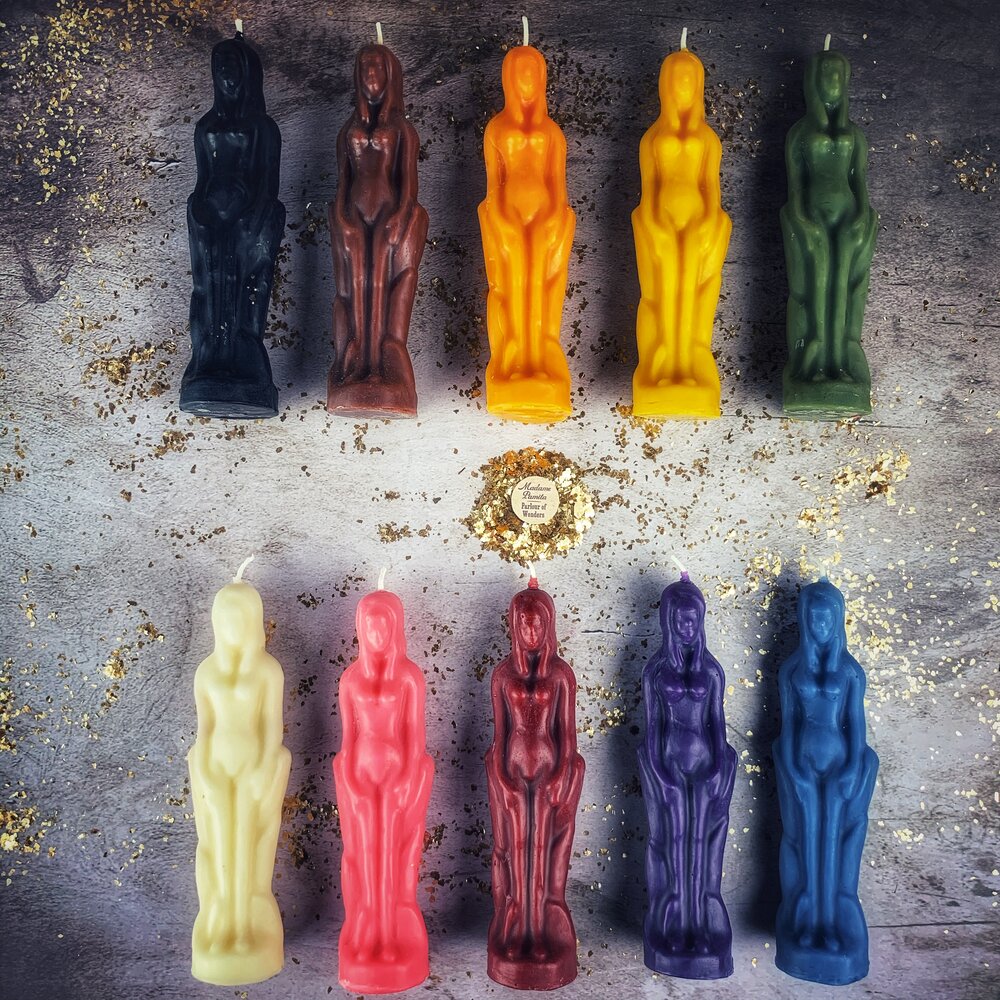 Pink beeswax female figural spell candle by Parlour of Wonders, used for sympathetic magic and personal power rituals.