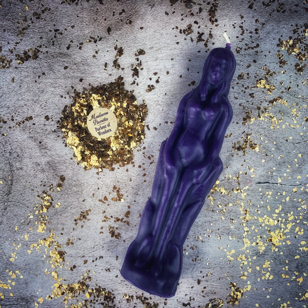Pink beeswax female figural spell candle from Parlour of Wonders, used for sympathetic magic and personal power rituals.