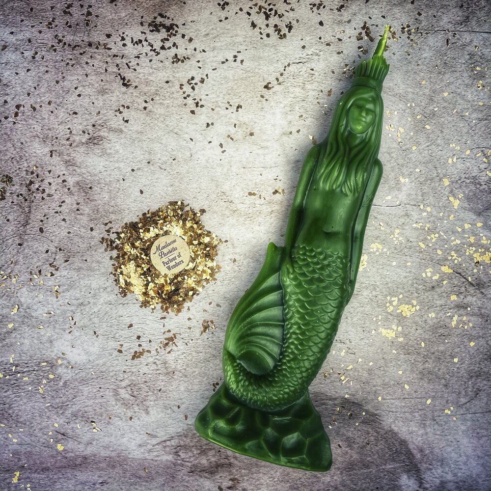 Pink beeswax Mermaid Magic Spell Candle by Parlour of Wonders, featuring love, beauty, and water goddess magic design.