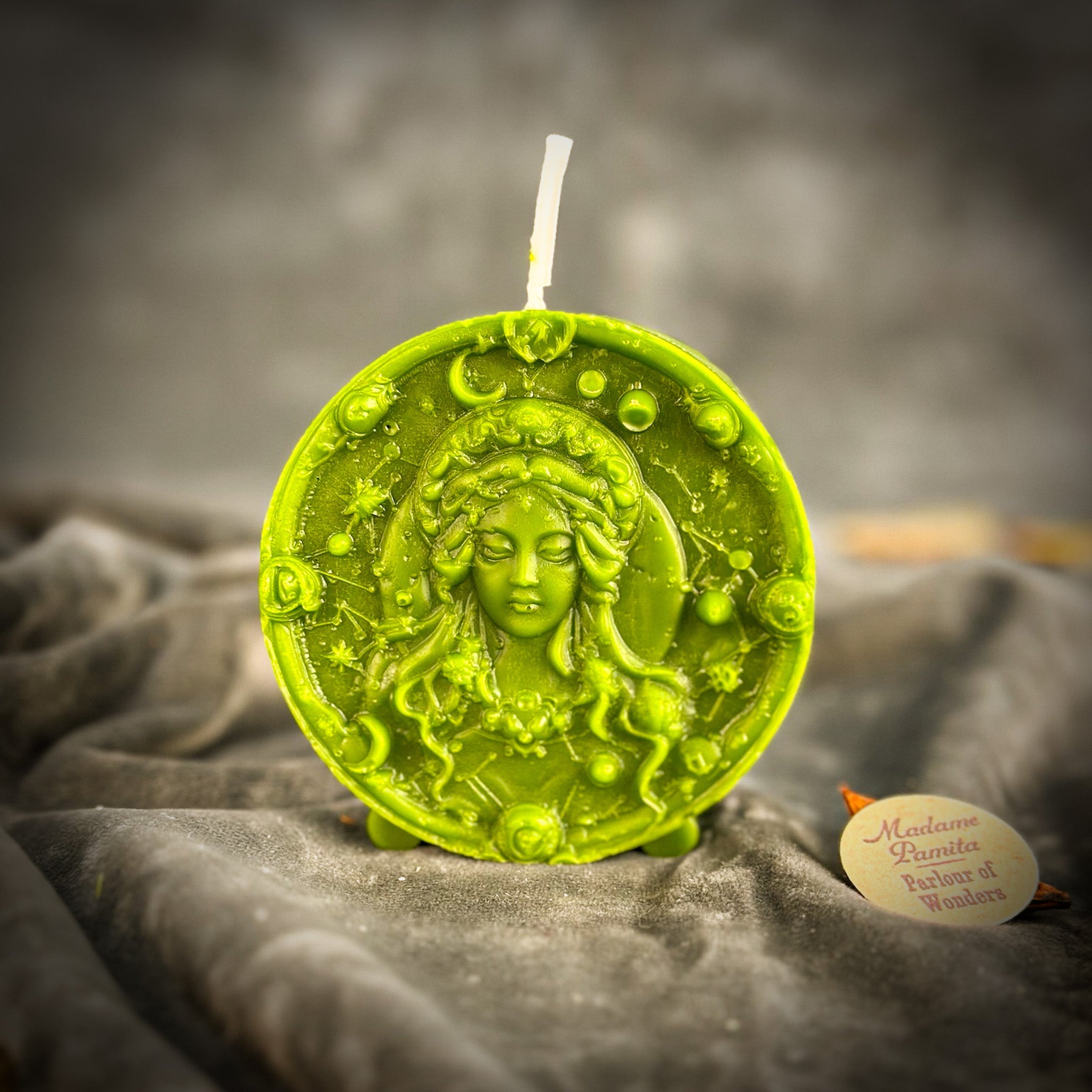 Pink beeswax Virgo Maiden zodiac spell candle by Parlour of Wonders, featuring detailed design for focus, healing, and practicality.