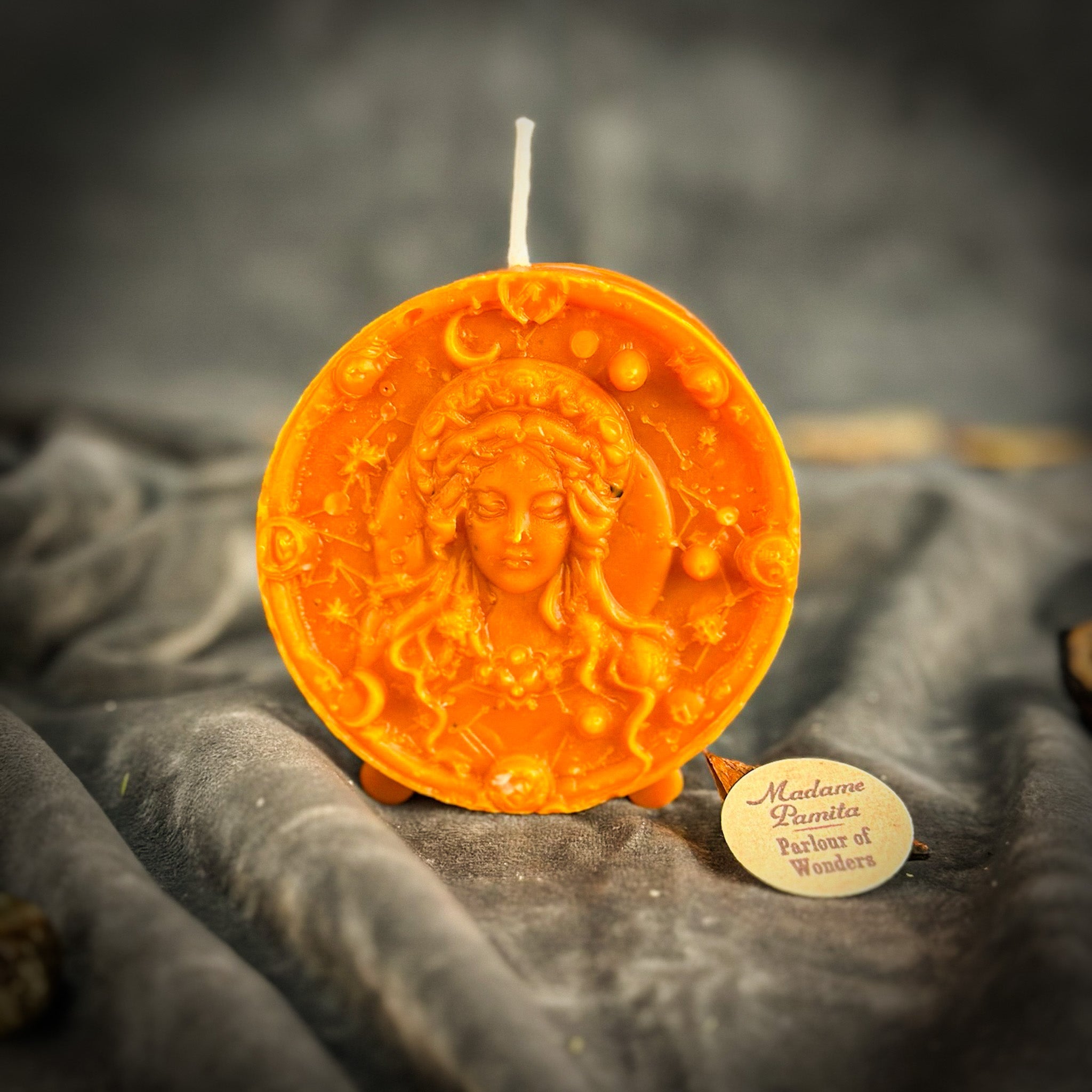 Pink beeswax Virgo Maiden zodiac spell candle by Parlour of Wonders, featuring intricate designs for focus, healing, and practicality.