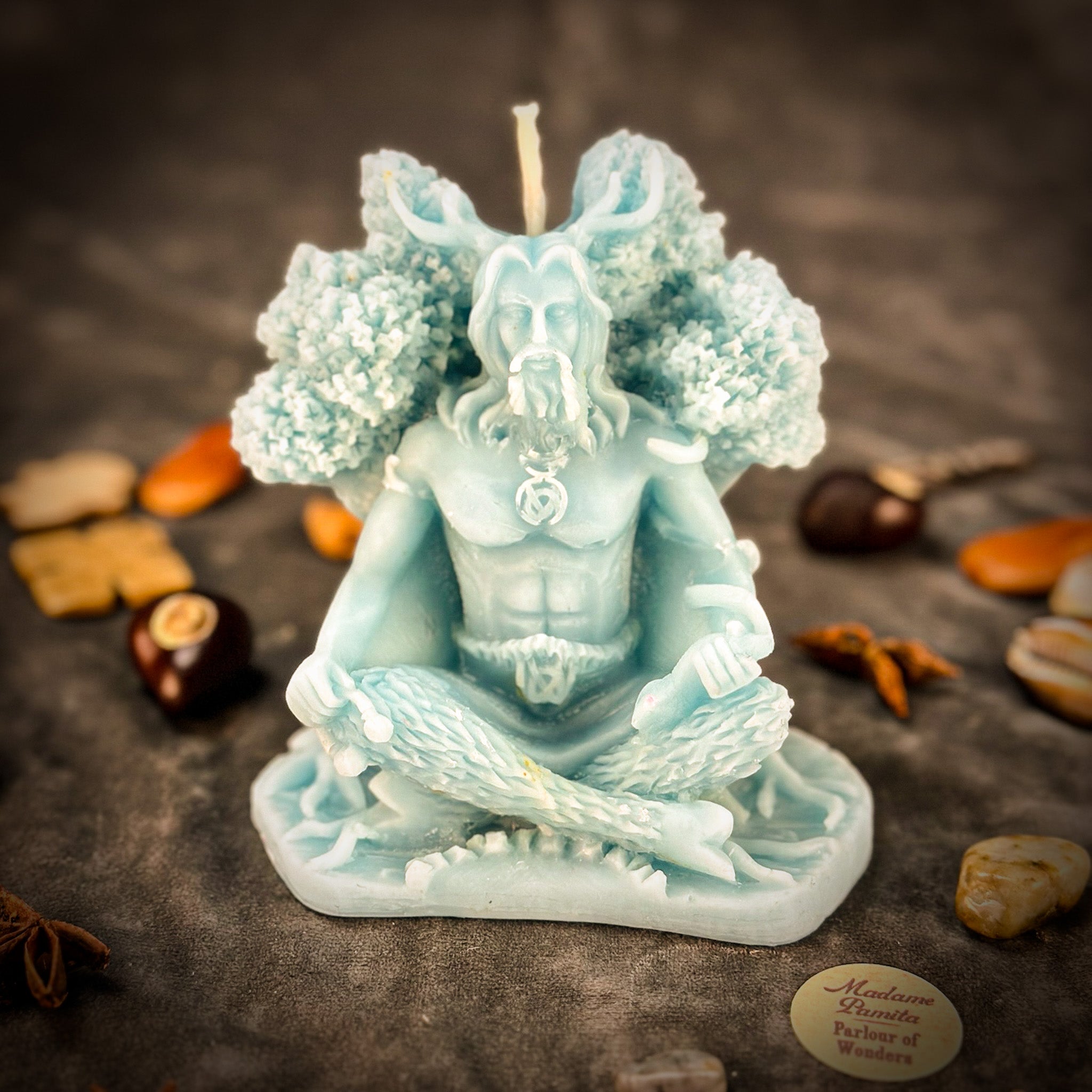 Beeswax Horned God Spell Candle by Parlour of Wonders featuring Cernunnos design for nature magic and fertility rituals.