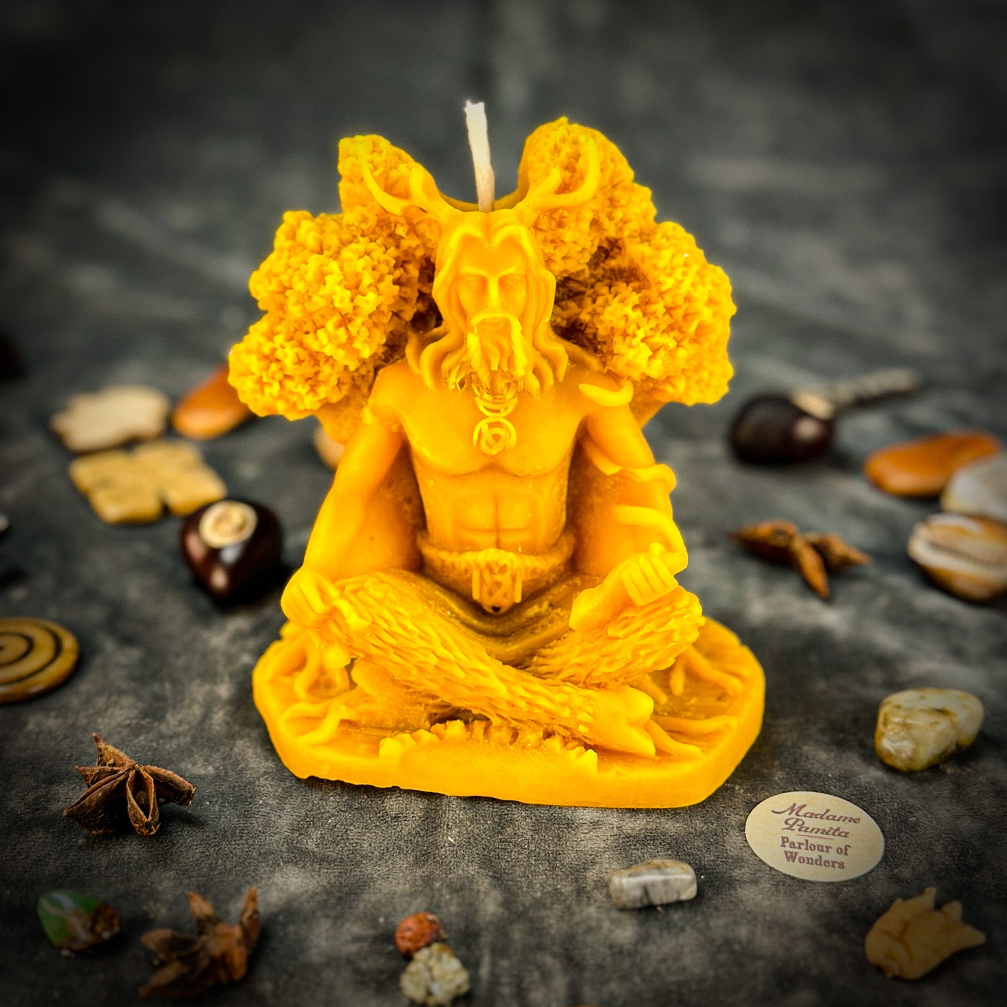 Beeswax Horned God Spell Candle by Parlour of Wonders featuring Cernunnos design for nature magic and fertility.