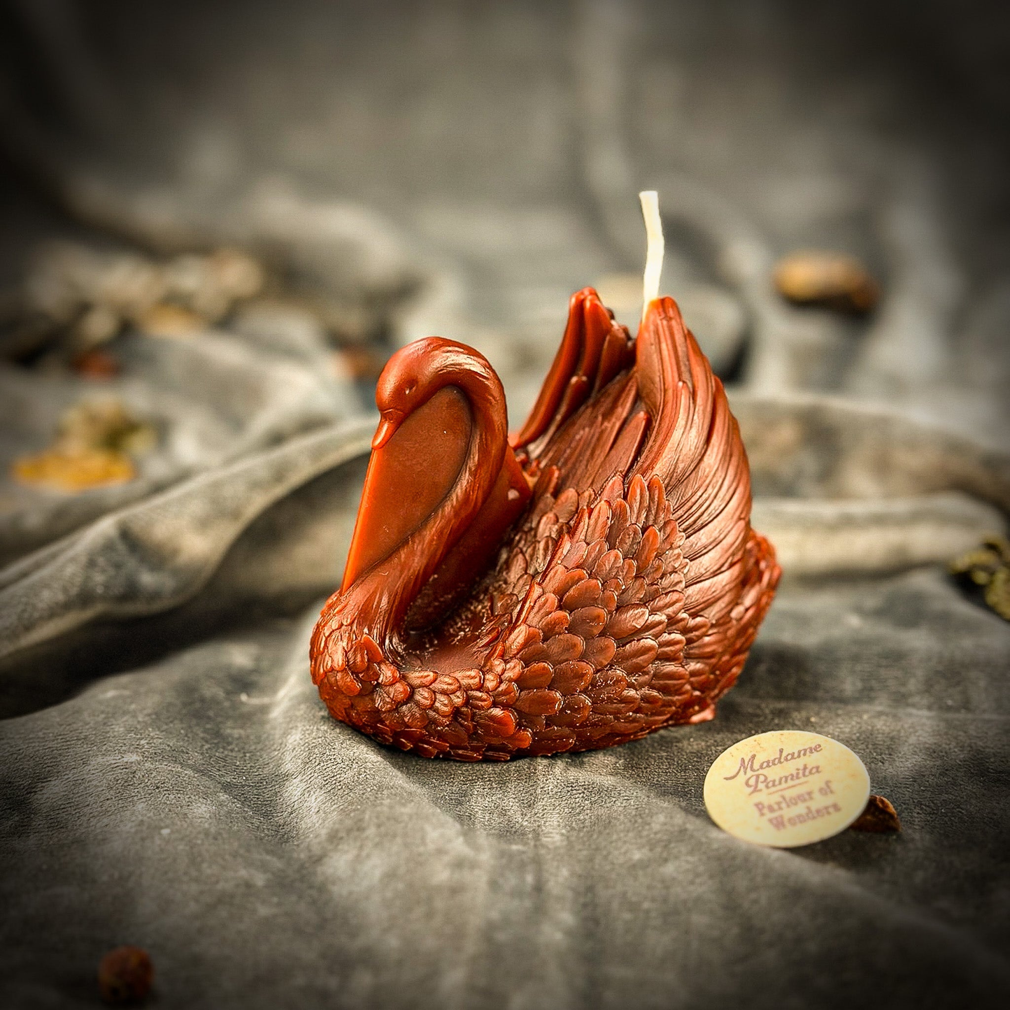 Red beeswax Swan Spell Candle by Parlour of Wonders, elegant swan shape with intricate details, symbolizing grace and lasting love.