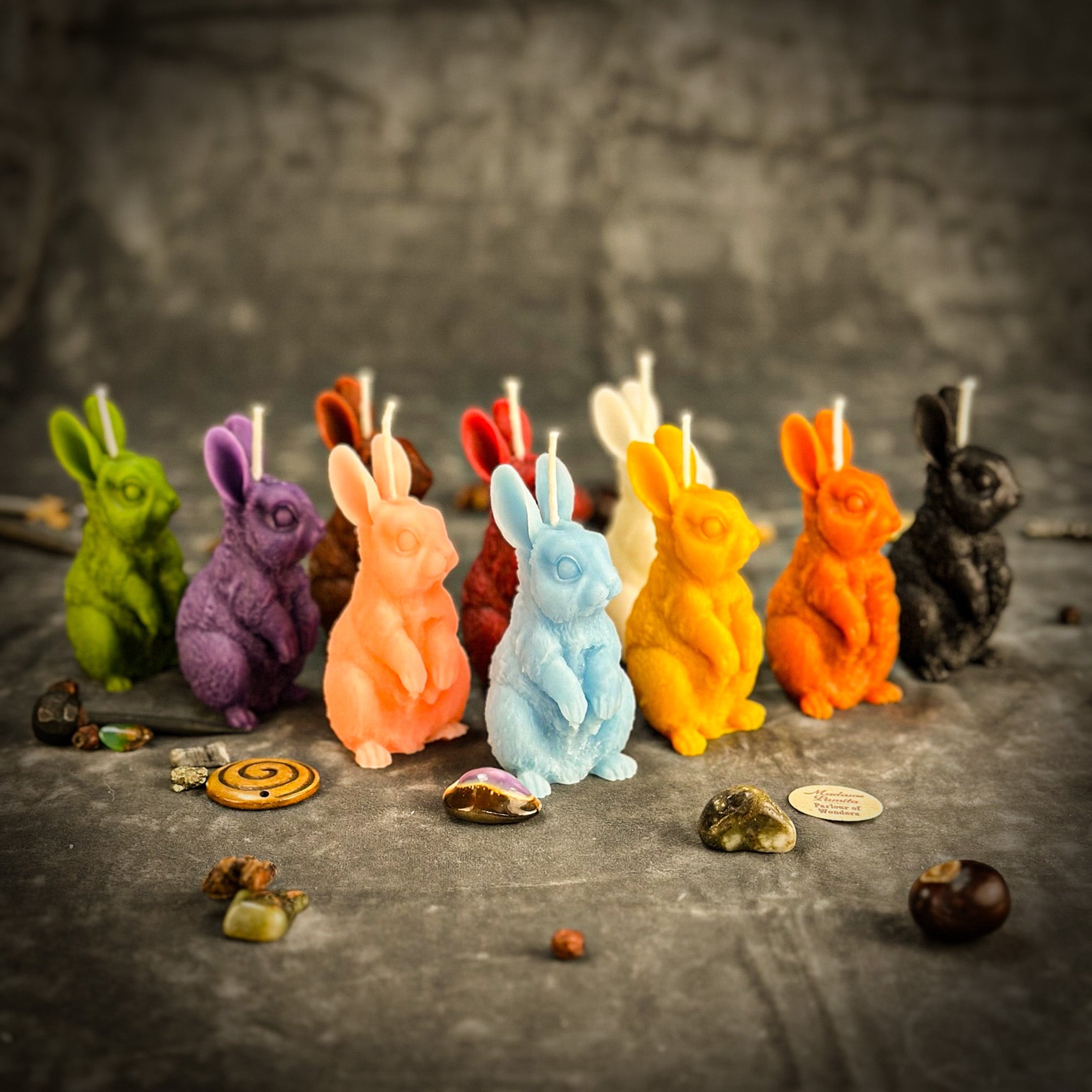 Red beeswax Enchanted Bunny Spell Candle by Parlour of Wonders, promoting abundance, fertility, and quick thinking.