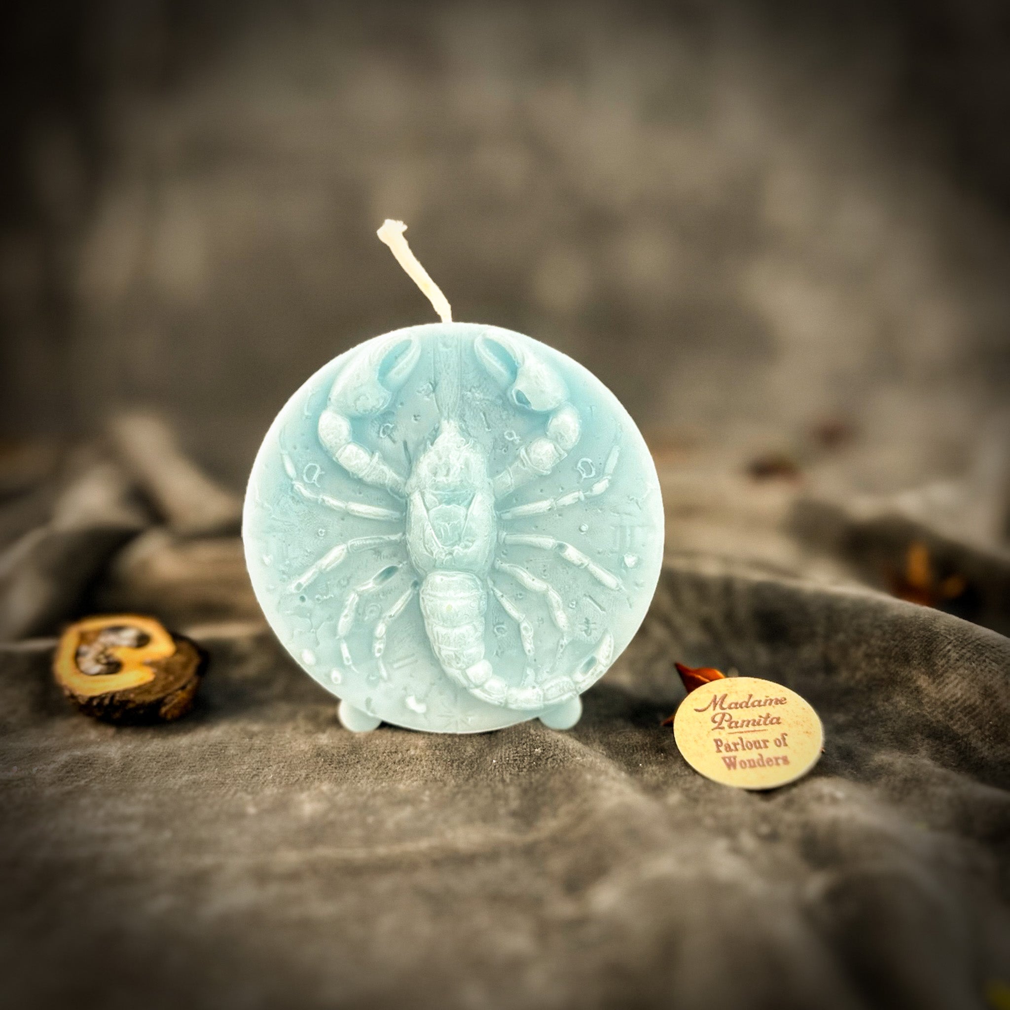 Red beeswax Scorpio zodiac spell candle with scorpion design, symbolizing transformation, power, and intuition.