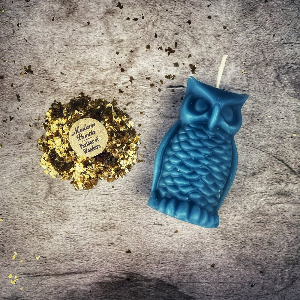 Red beeswax Wise Owl spell candle by Parlour of Wonders, featuring detailed owl design for wisdom and psychic awareness magic.