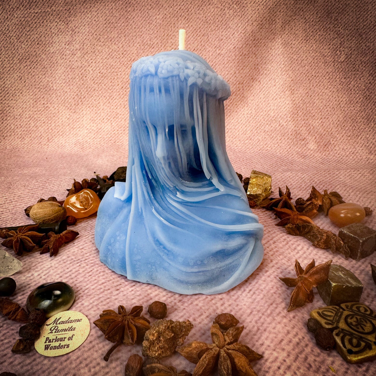 Beeswax Veil of Secrets spell candle by Parlour of Wonders, featuring a red beeswax candle for truth and privacy protection.