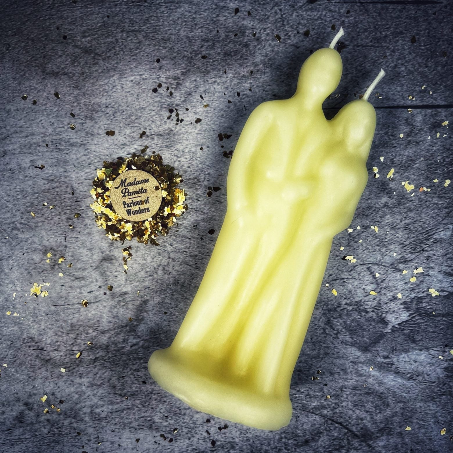 Yellow beeswax candle for marriage and union magic by Parlour of Wonders, featuring a natural beeswax appearance and commitment symbolism.