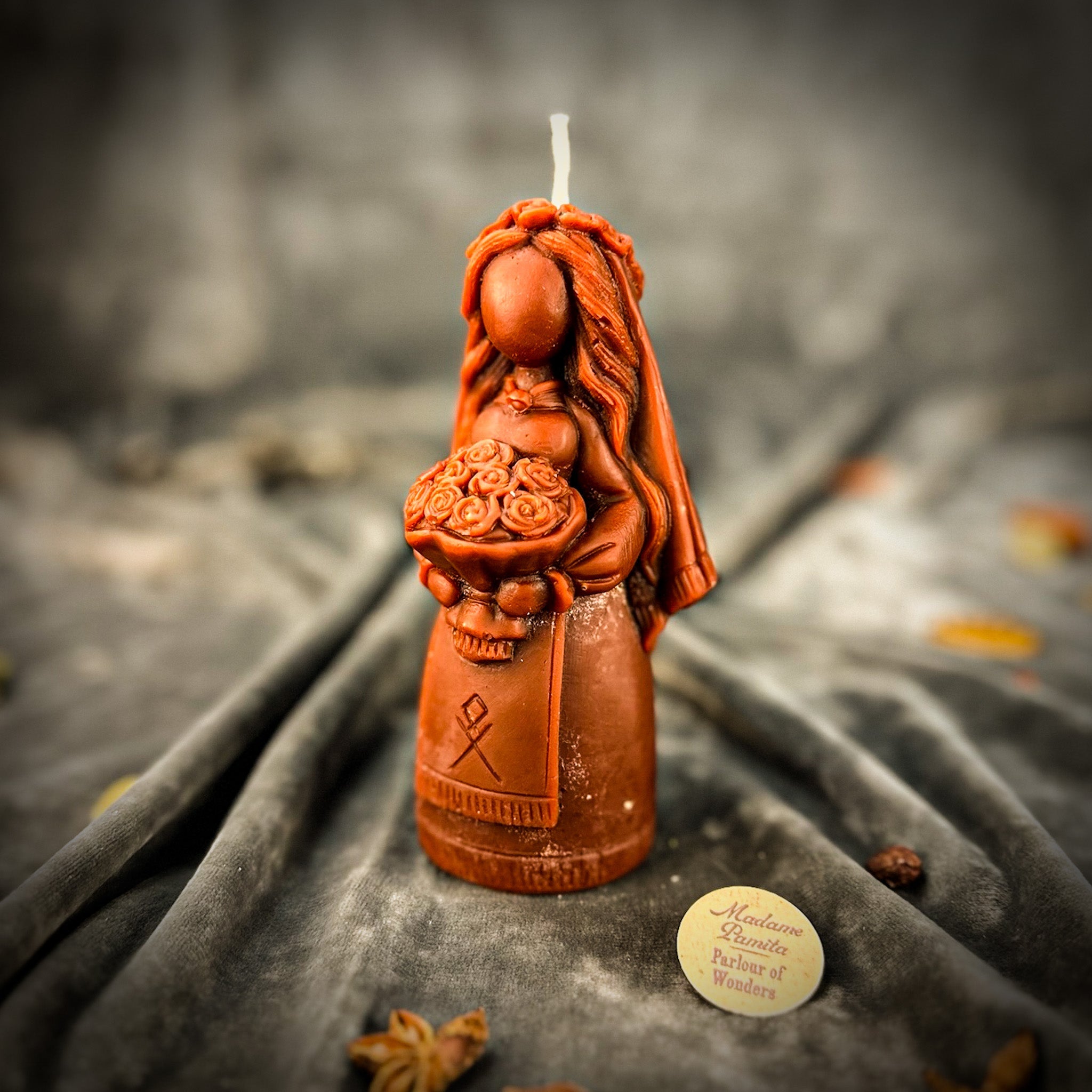 Yellow beeswax Lada Motanka spell candle by Parlour of Wonders, featuring traditional design for blessings, love, and protection.