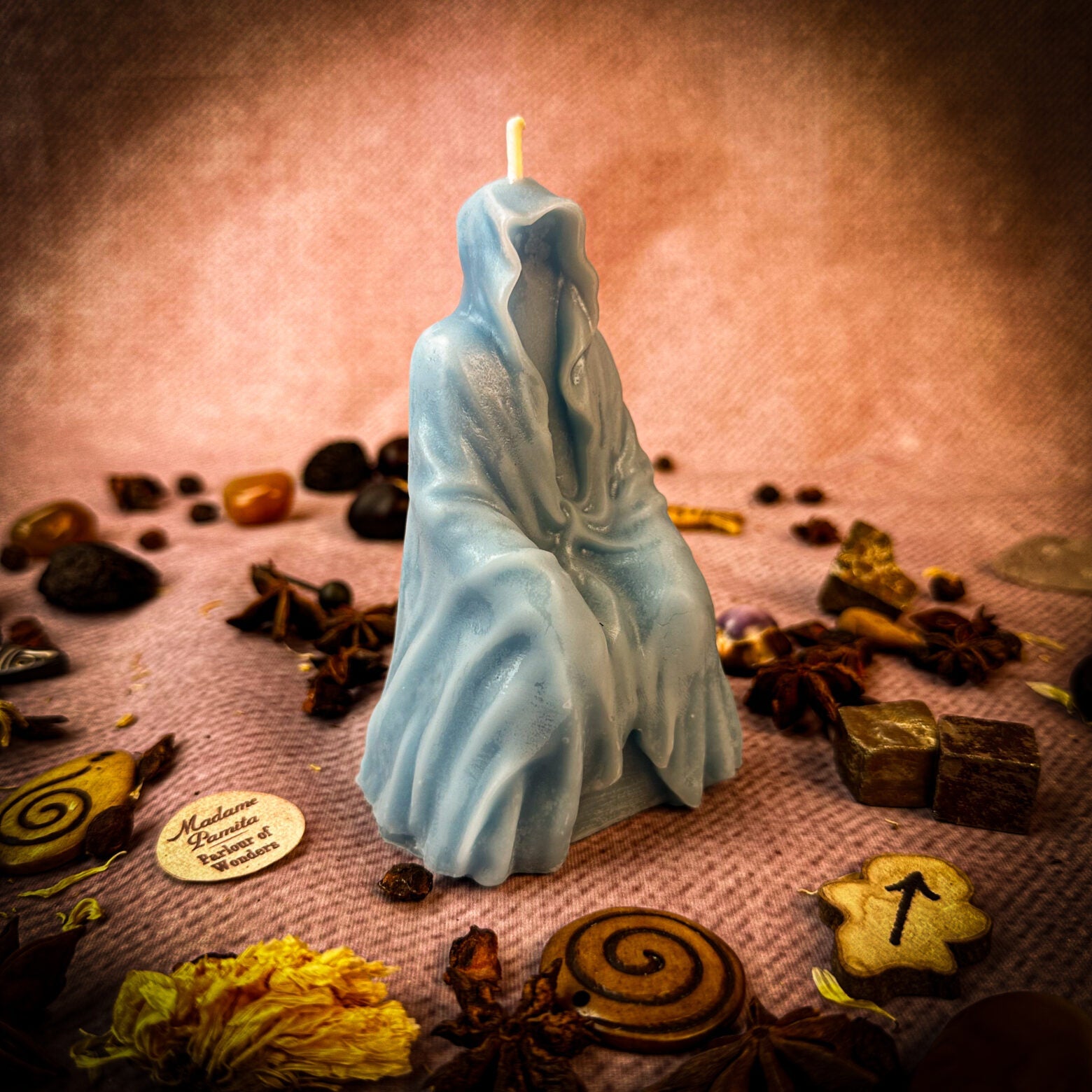Yellow beeswax candle by Parlour of Wonders for psychic ability and spirit realm connection, featuring a spiritual spell design.